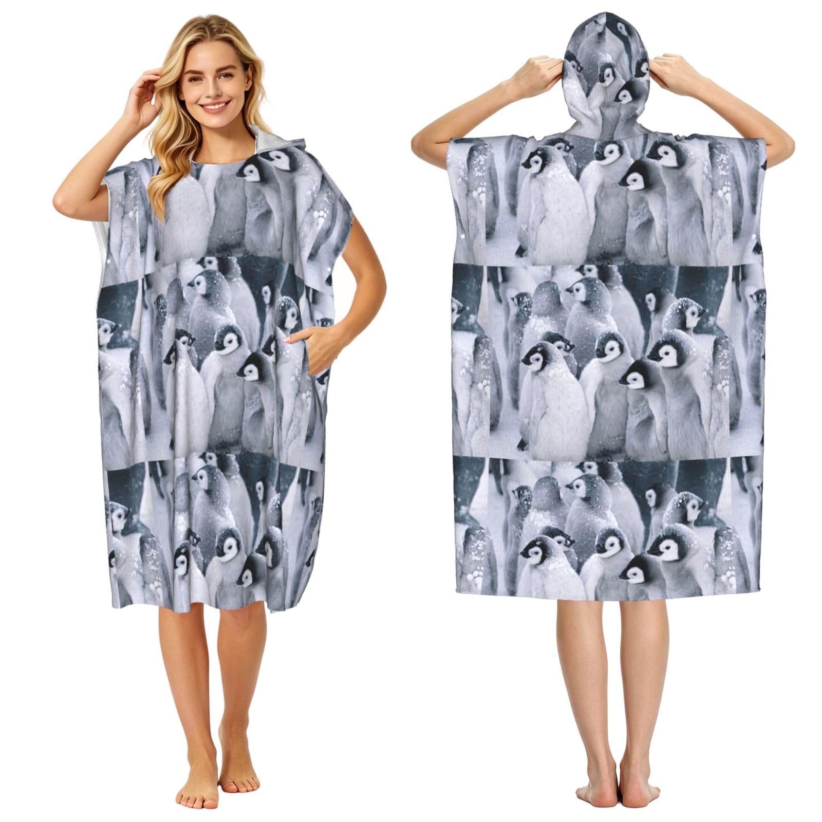 Poadnly Penguin In The Snow, Adult Hooded Beach Towel 90 x 110 cm,Changing Bath Robe, Surf Poncho Towel For Women Men