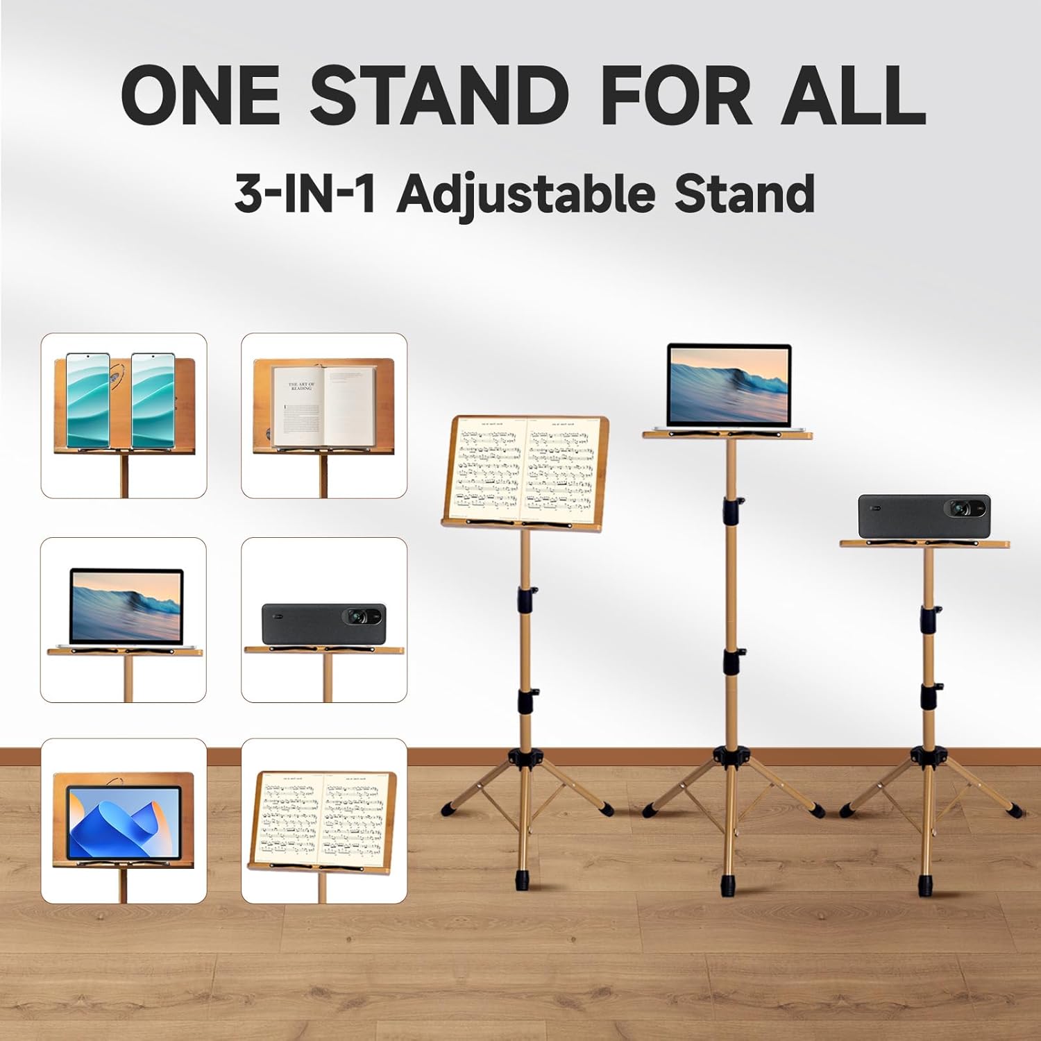 Portable Music Stand - Folding Music & Book Stand with Carrying Bag, Adjustable Height Wooden & Metal Foldable Podium Stand for Sheet Music, Reading, Bible, Laptop, Cookbooks, Projector