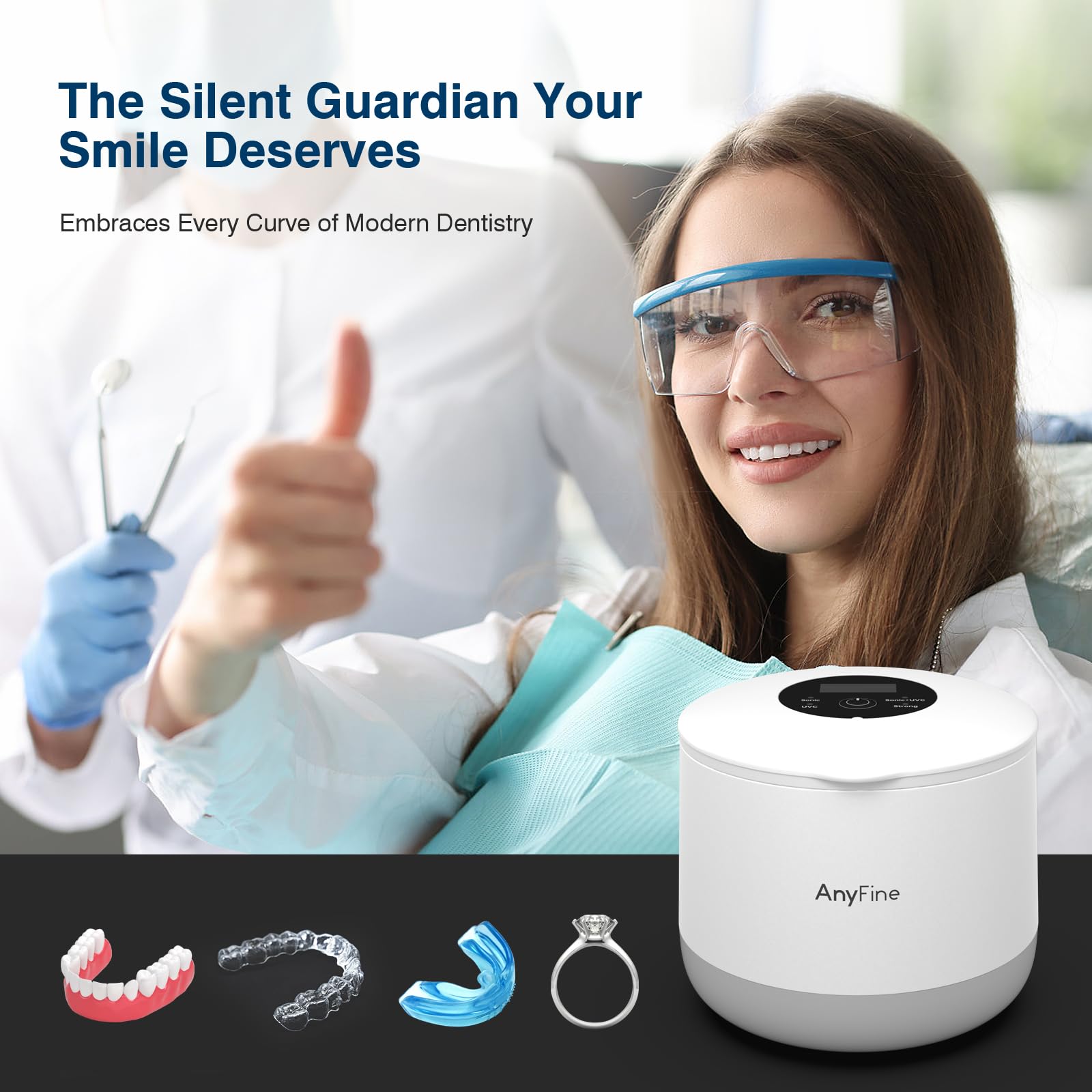Limpiador ultrasónico avanzado para dentaduras, protectores bucales, aparatos dentales, cabezales de cepillo de dientes y joyas, sistema de limpieza trifásico de 45