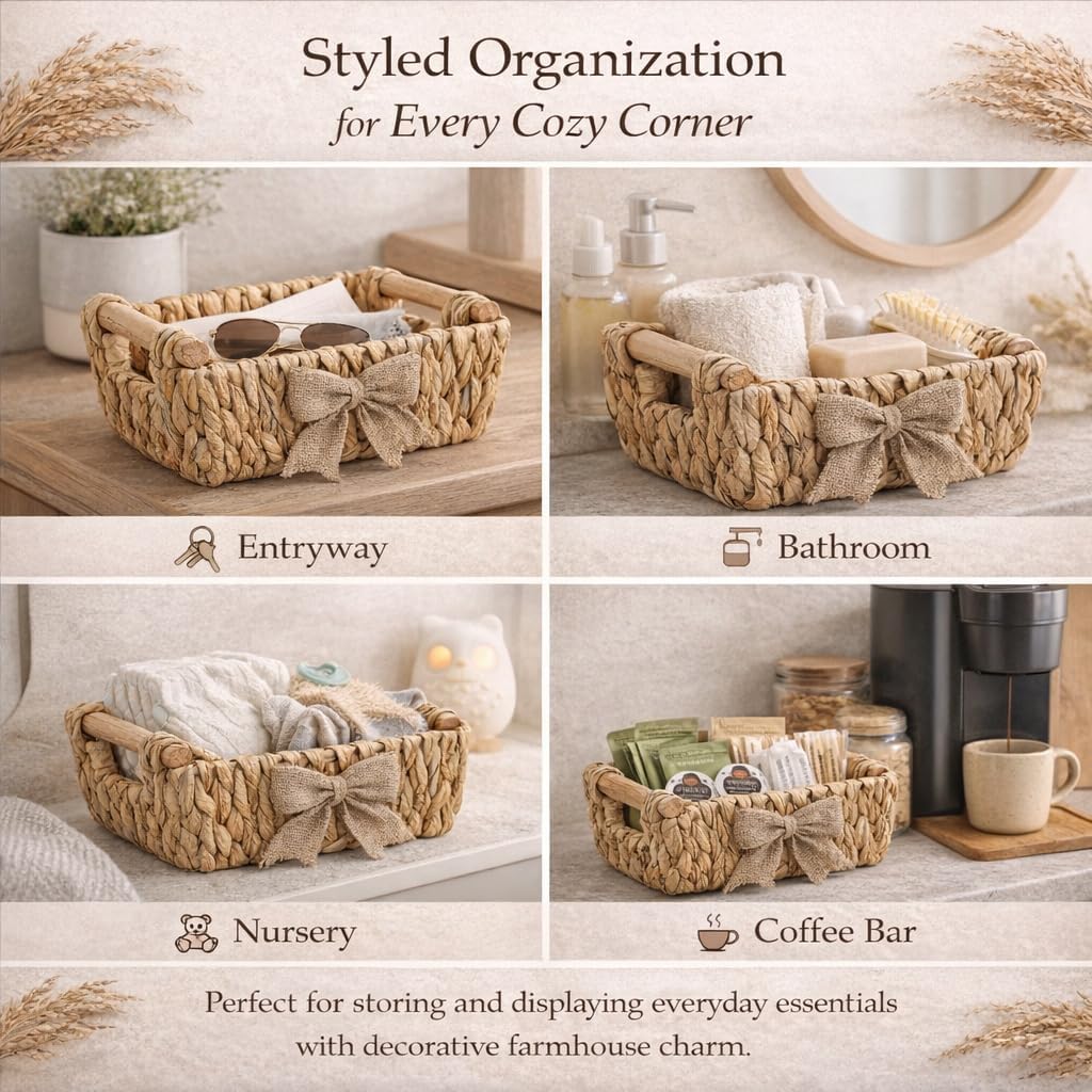 Bow Handwoven Water Hyacinth Storage Baskets with Wooden Handles & Burlap Bow, 12''L x 8''W x 4.8''H Decorative Shelf Organizer, Gift Basket Base, 4 Pack
