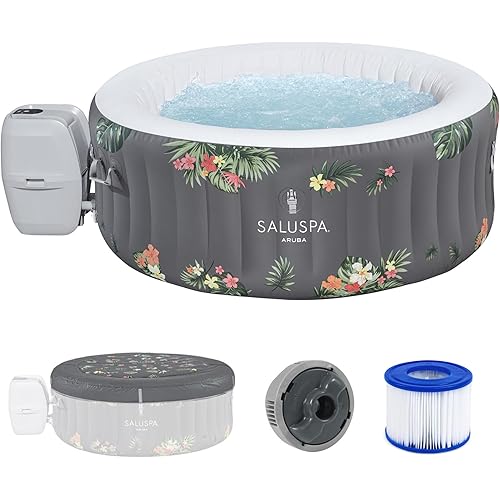 Bestway SaluSpa Aruba AirJet 2 to 3 Person Inflatable Hot Tub, 67 x 26 Inch Round Portable Outdoor Spa with 110 Soothing Jets and Cover, Gray