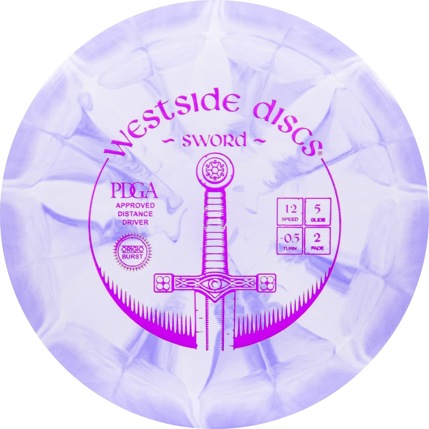 Westside Discs Origio Burst Sword Disc Golf Disc | User Friendly and Controllable Disc Golf Disc | Straight Flying Distance Driver | 170g Plus | Stamp Color Will Vary (Purple)