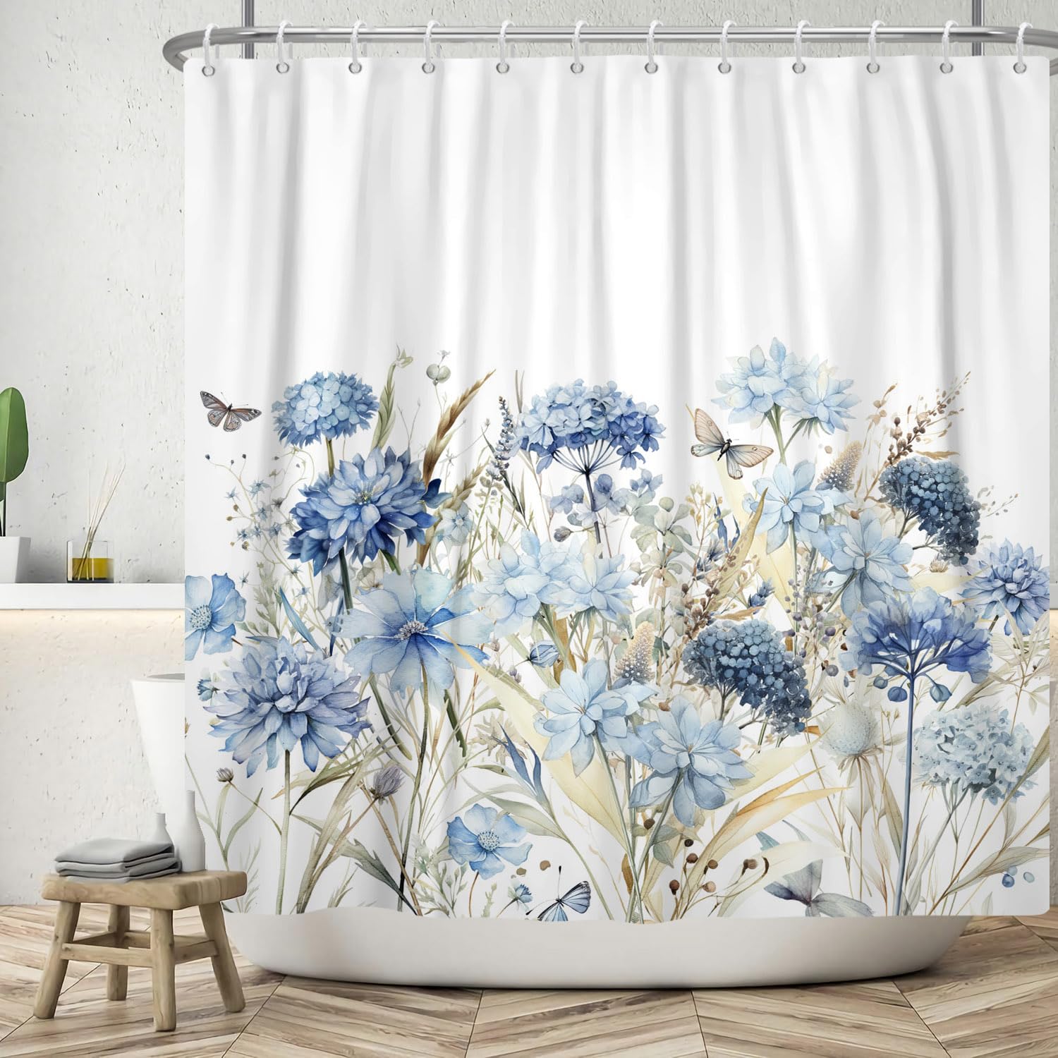 ASDCXZ Flower Shower Curtain 90x180 cm, Spring Watercolor Blue Hydrangea Flower Green Leaves Butterfly Washable Shower Curtains Polyester Textile Waterproof Bath Curtain for Bathtub with 6 Hooks โ image 1