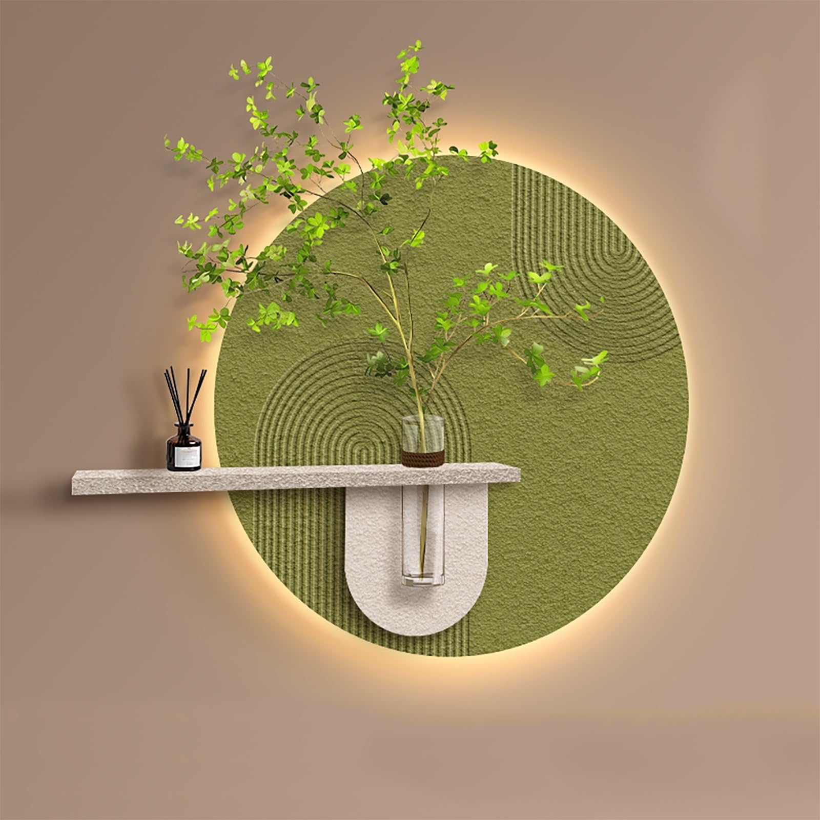 Zcqmscww B Circular 3D Led Sandstone Wall Art With Glass Hydroponic Vase, Handcrafted Minimalist For Entryway, Edroom, Or Office, Living Room Decor(,70 * 70Cm/27.5 * 27.5In)
