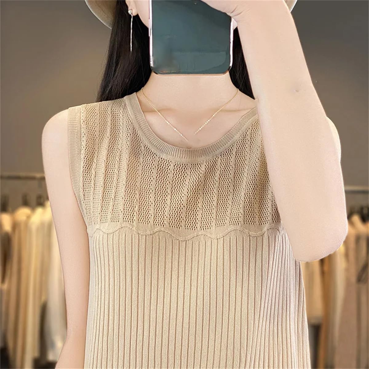 Camiseta Sin Mangas De Algodón De Verano para Mujer, Jersey Informal De Color Sólido con Cuello Redondo, Top Versátil Suave Y A La Moda