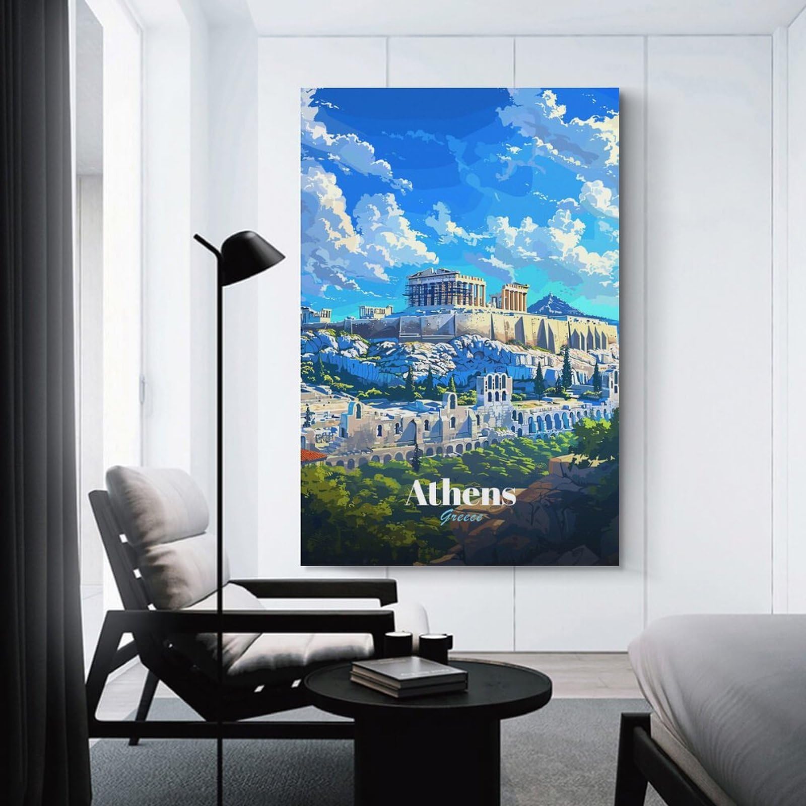 Junmoney Athens, Greece Illustrated Cityscape Room Decor Wall Art, 20x30inch(50x75cm), for Living Room, Lounge Or Sitting Room, A Home Accent with Warm Character