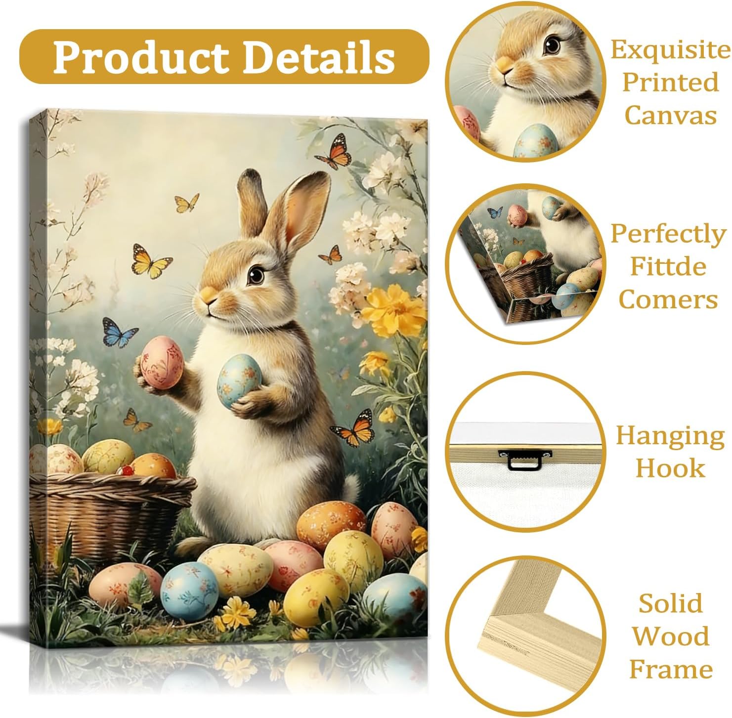Easter Bunny Canvas Wall Art, Cute Rabbit and Easter Eggs Painting Prints, Vintage Farmhouse Spring Animal Picture, Modern Framed Easter Wall Decor for Bedroom, Living Room, Bathroom, Office 12×16In