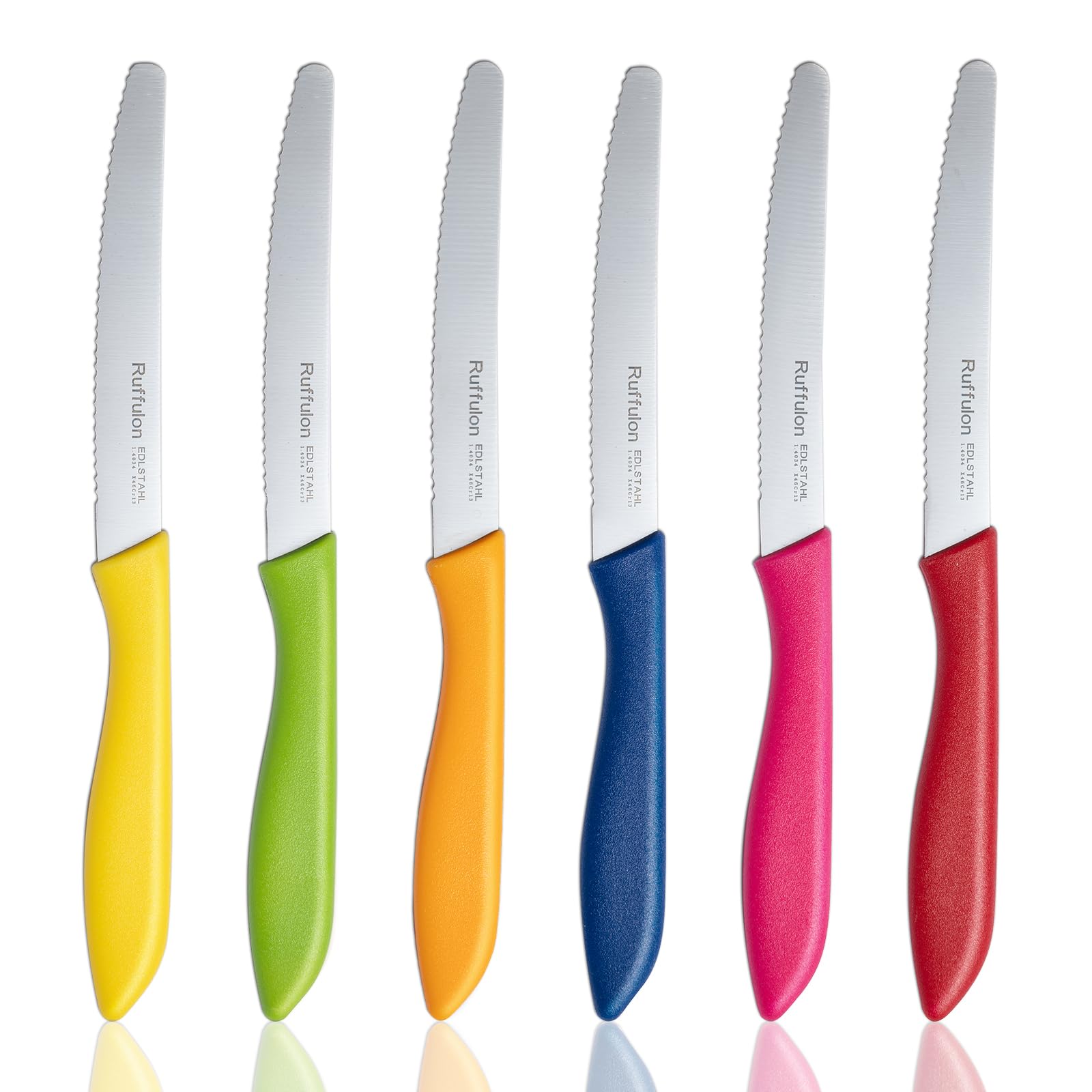 Ruffulon Tomato Knife Colour Set of 6,Serrated Kitchen Knives,Sharp Blade,Sharp and Wavy Edge from Professional Stainless Steel,Multicolor Tomato Knives Set with Ergonomic Handle