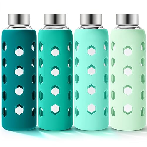 Mrsdry 18 oz Glass Water Bottles with Lids & Silicone Sleeves 4-Pack