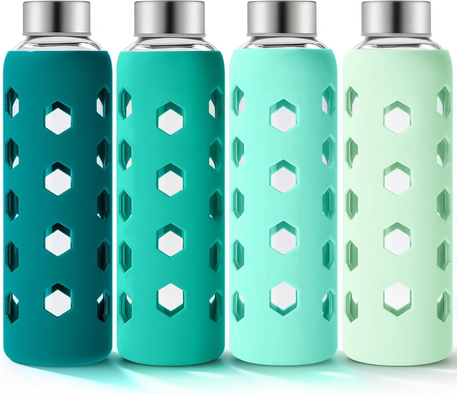 Mrsdry Glass Juice Bottles with Lids and Silicone Sleeves 18 oz, 4-Pack Reusable Clear Glass Water Bottles with Stainless Steel Airtight Cap for Juicing, Refrigerator, BPA Free Leak-Proof Drinking Jar