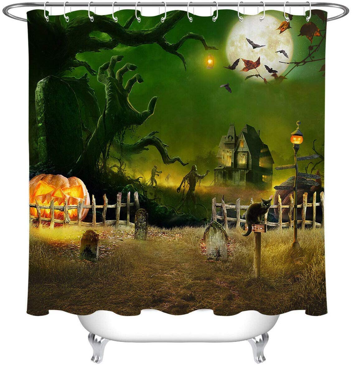 Halloween-Duschvorhang Mit Schwarzer Katze & Kürbis – 183x183 Cm, Wasserdicht, Inkl. 12 Haken