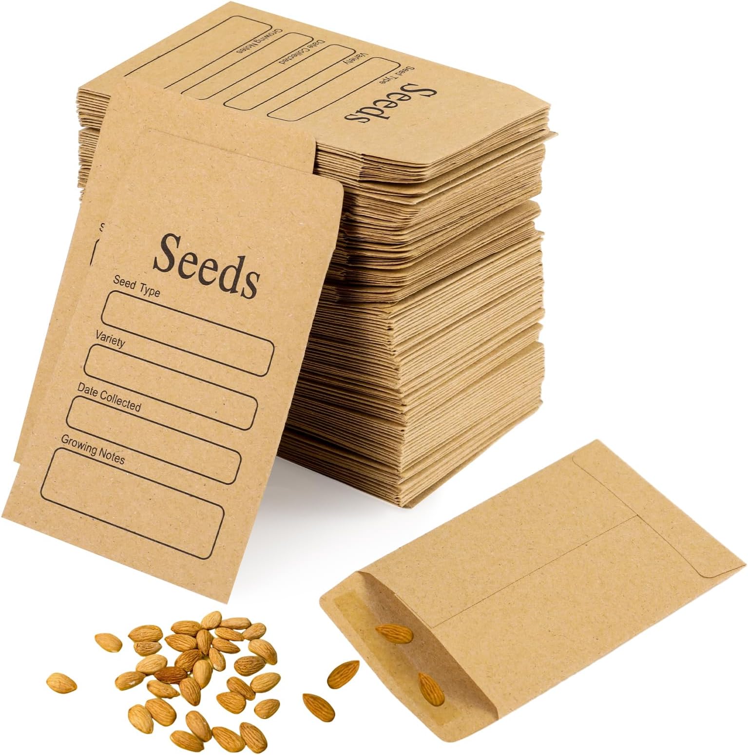 FRIUSATE 200 Pcs Seed Envelopes Self-Adhesive Seed Packets 6 * 8cm Brown Kraft Paper Envelopes with Types Name Template for Money Seed Notes Beads