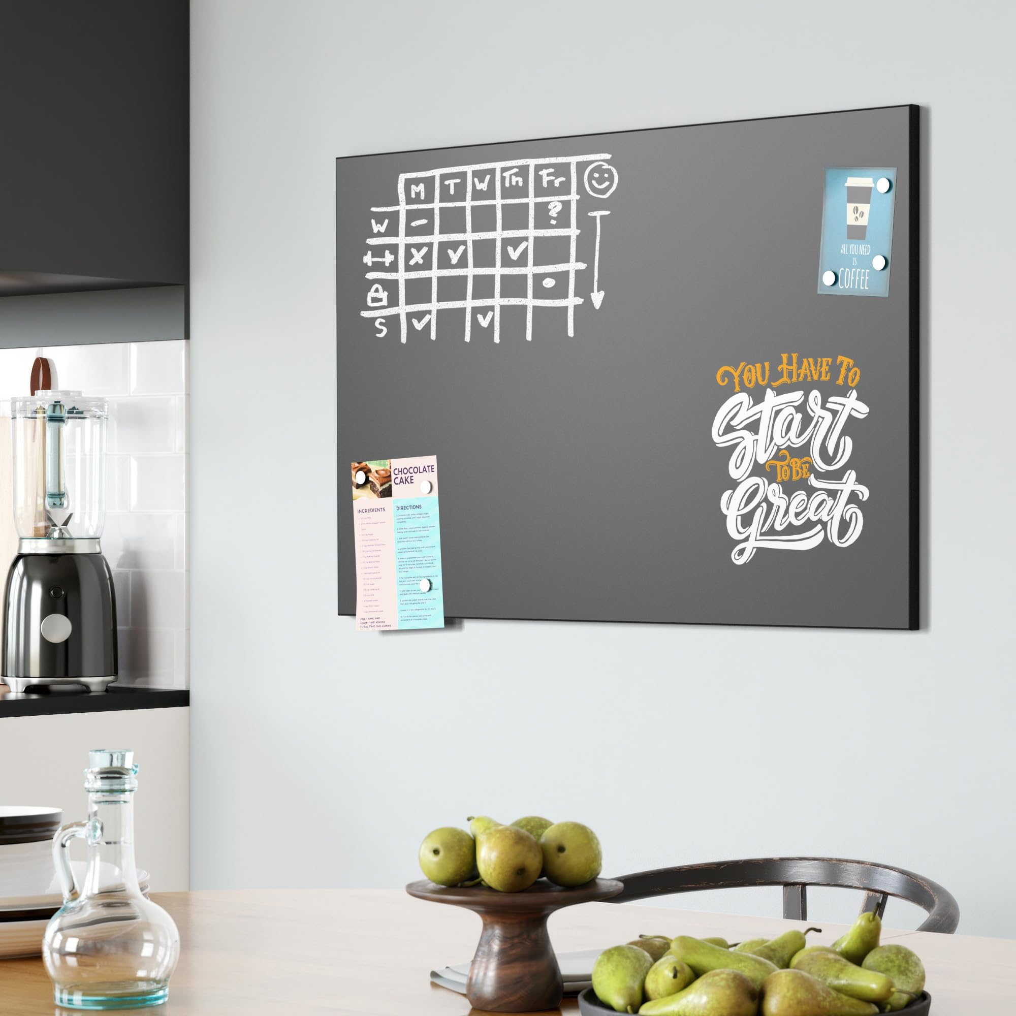 DEQORI Magnetyczna tablica do pisania kredą z nadrukiem UV | motyw "Ohne Start keine Ziel" | prostokątna tablica o wymiarach 90 x 60 cm | metalowa tablica kredowa do pisania – dekoracja ścienna do