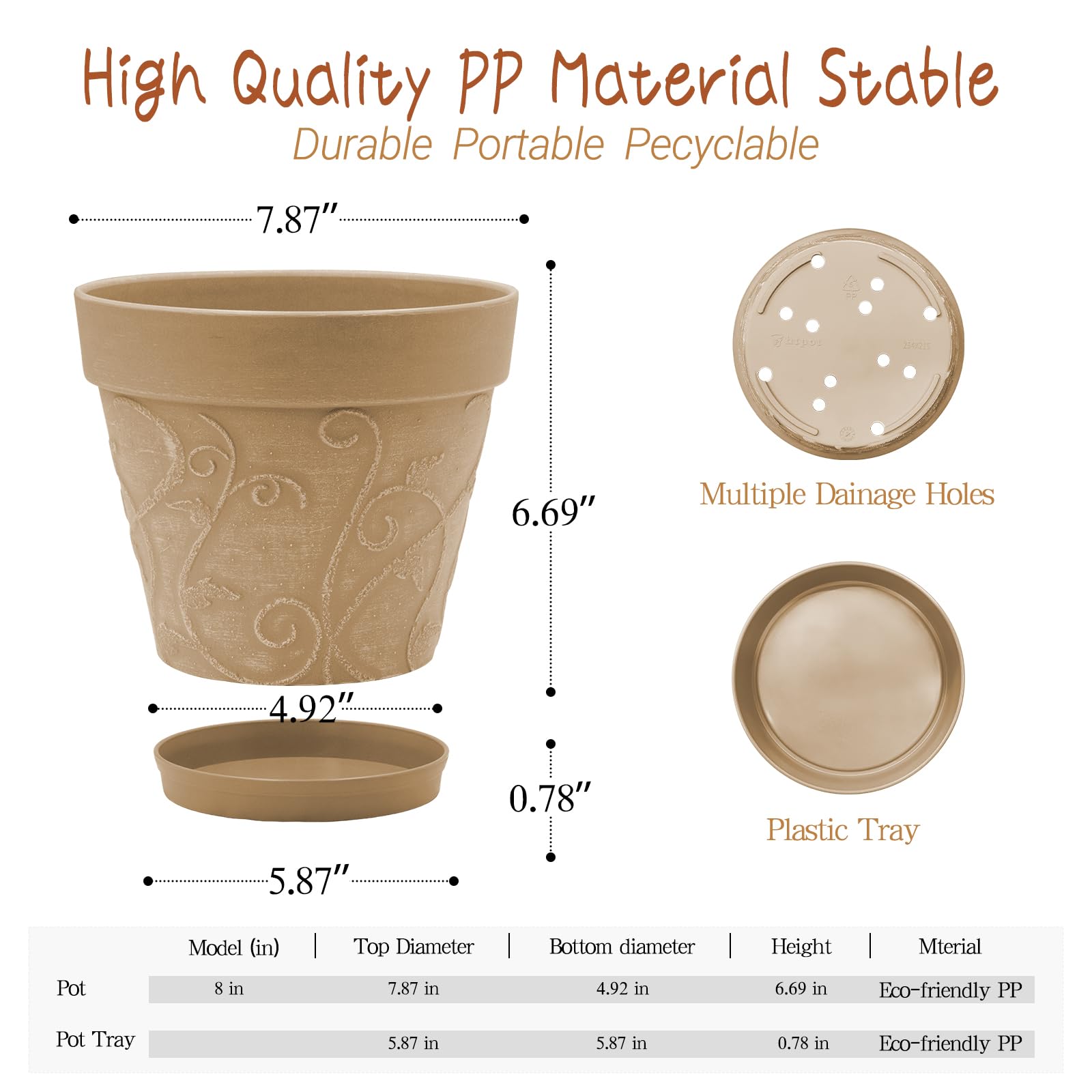 ZMTECH 20 cm Pots avec Soucoupes et Trous de Drainage, Pot de Plante Plastique Aspect Terre Cuite, Pot de Fleur Moyen avec Plateau pour Plantes d'Intérieur Extérieur (Brun Clair, Lot de 2)