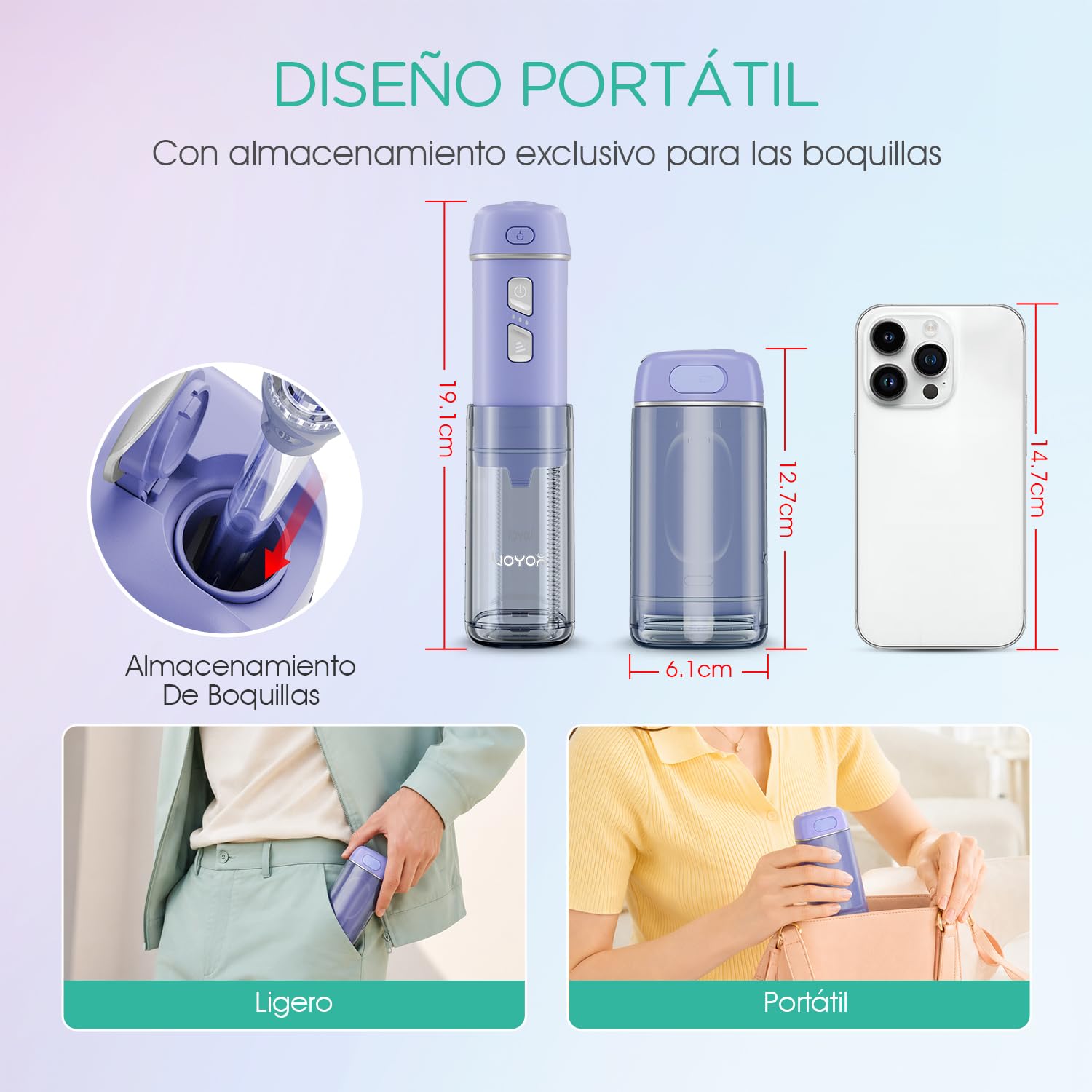 Irrigador Dental Portatil Mini, Irrigador Bucal con 5 Modos e IPX7 Impermeable, Inalámbrico y Recargable, Apto para Limpieza Dental en Casa y Viaje WF510 (Morado)