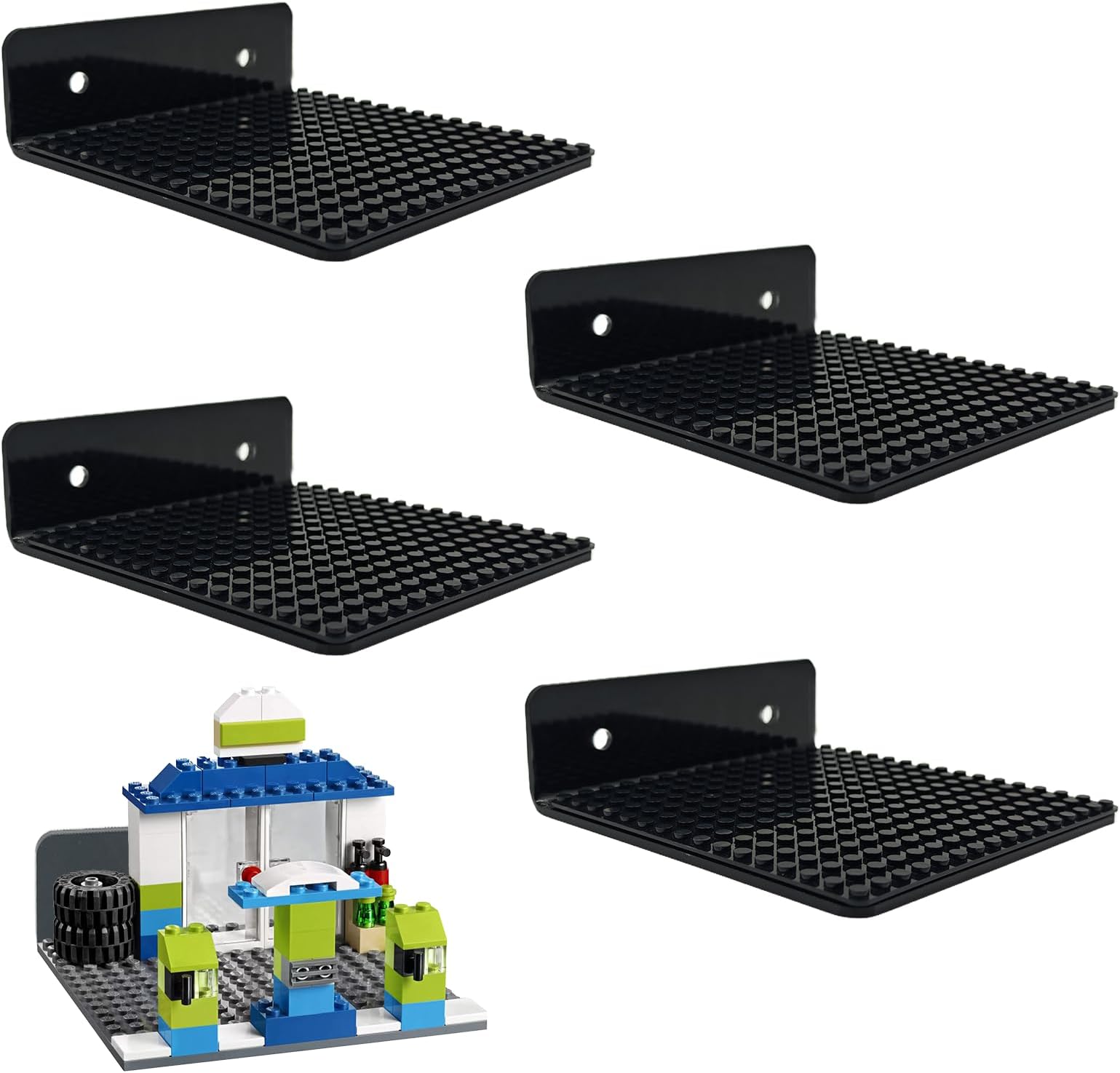 4 Pack Floating Shelves for Wall Compatible with Lego Building Bricks, 5x5 Invisible Display Shelf with 16x16 Stud Base Plate for Creative Toy Brick Building, Storage and Modern Room Office Decor