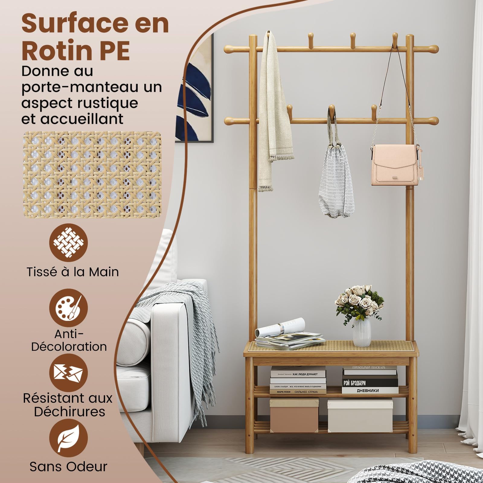 COSTWAY Porte Manteau avec Banc en Rotin PE, Vestiaire d'Entrée Bambou, Banc Chaussures à 2 Niveaux, 13 Crochets, Hauteur 169,5 cm, Meuble Entree Design Boheme Cannage, pour Couloir, Chambre (Naturel)