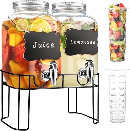 Miniatura 8 de Dispensadores de bebidas de vidrio de 2 galones para fiestas, dispensador de bebidas de limonada con soporte y grifo para barbacoa, picnic, fiesta,