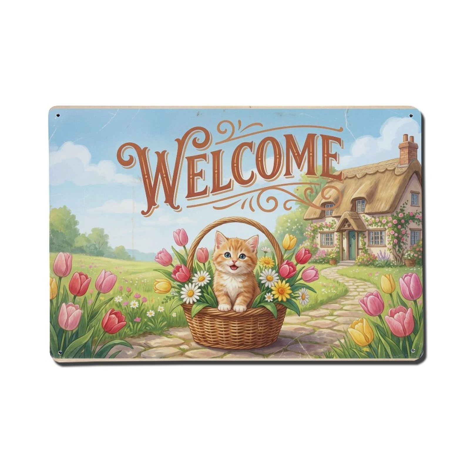 [Vintage Welcome] Kitten Fresh Blooms Metal Tin Sign