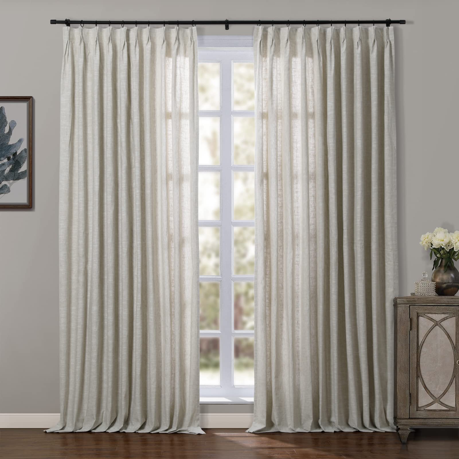 ChadMade Oatmeal Pinch Pleat Linen Cotton Drape 100 x 72 Inch with White Cotton Lining, Light Filtering Window Curtain Panel for Front Door (1 Panel), Belva Collection