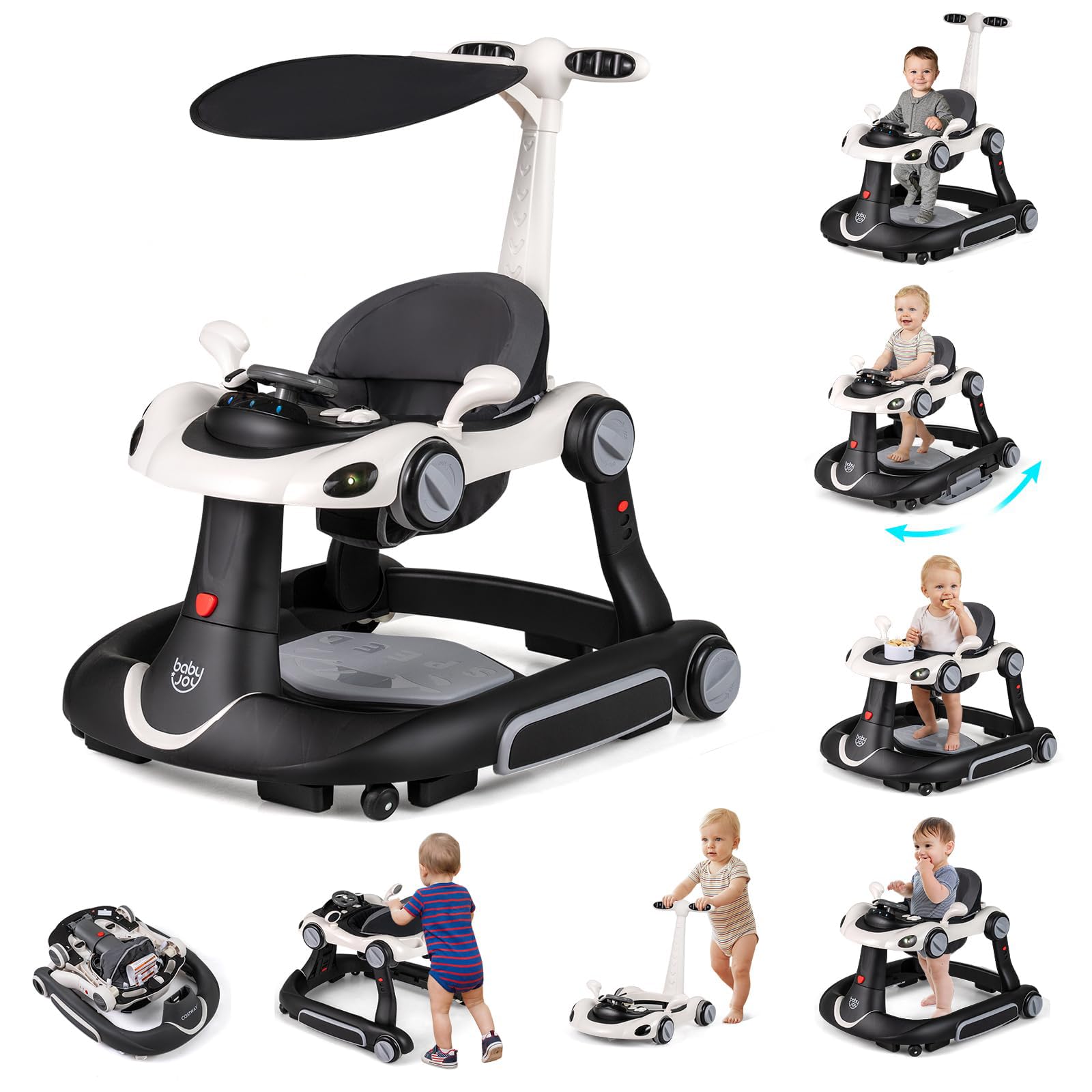 COSTWAY 7 in 1 Lauflernhilfe mit Verdeck, Lauflerwagen mit einstellbarer Höhe & Geschwindigkeit, Baby Walker klappbar mit Spielboard, Musik, Licht & Rädern, Gehfrei Baby ab 6 Monaten (Schwarz)