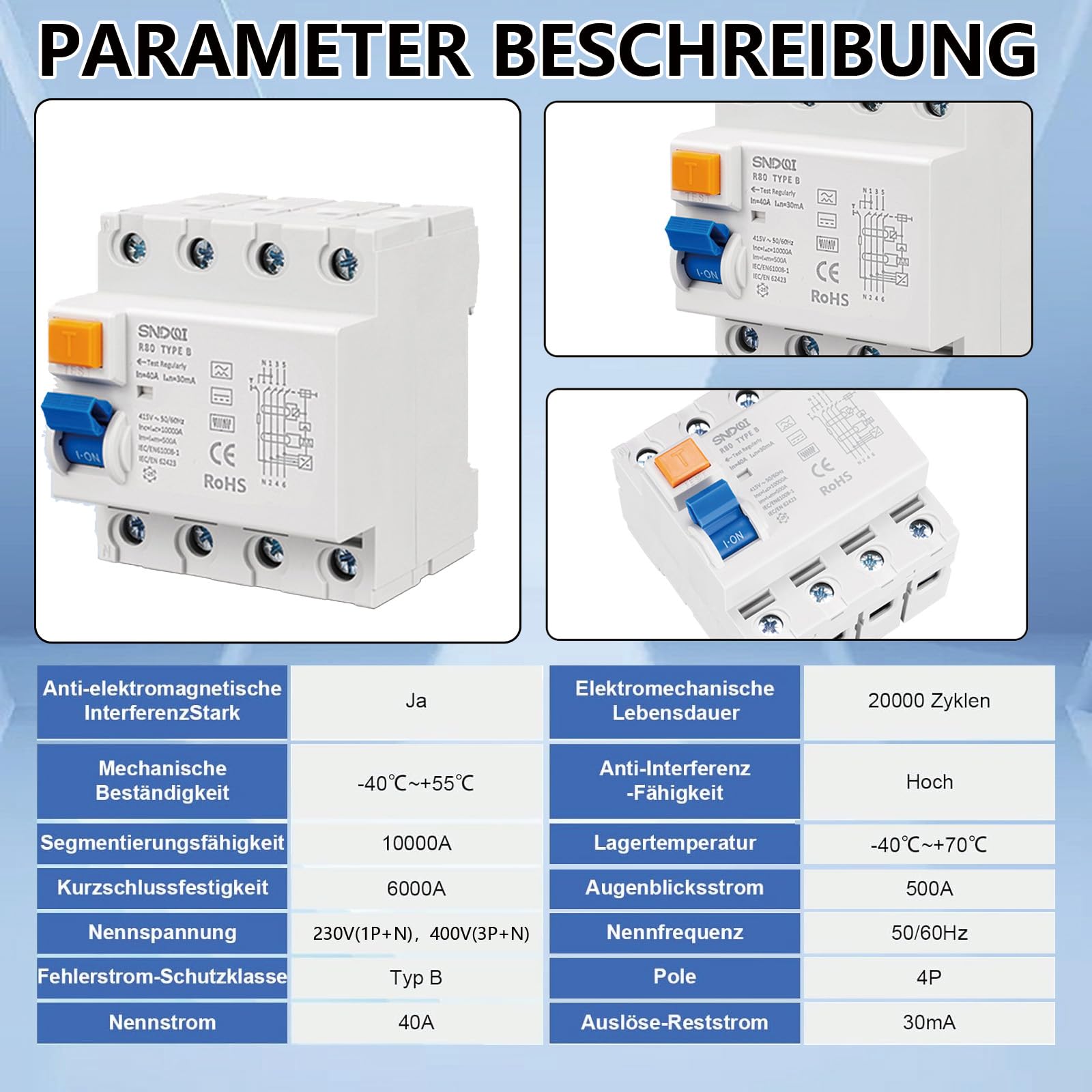 Fi Typ B, 63A 30mA FI Schutzschalter Fi Schalter 4 Polig Typ B | Fi Schutzschalter Typ B DC Allstromintensiver Fehlstromschalter DIN-Schienen Montage passend für Wallboxen & Ladestationen
