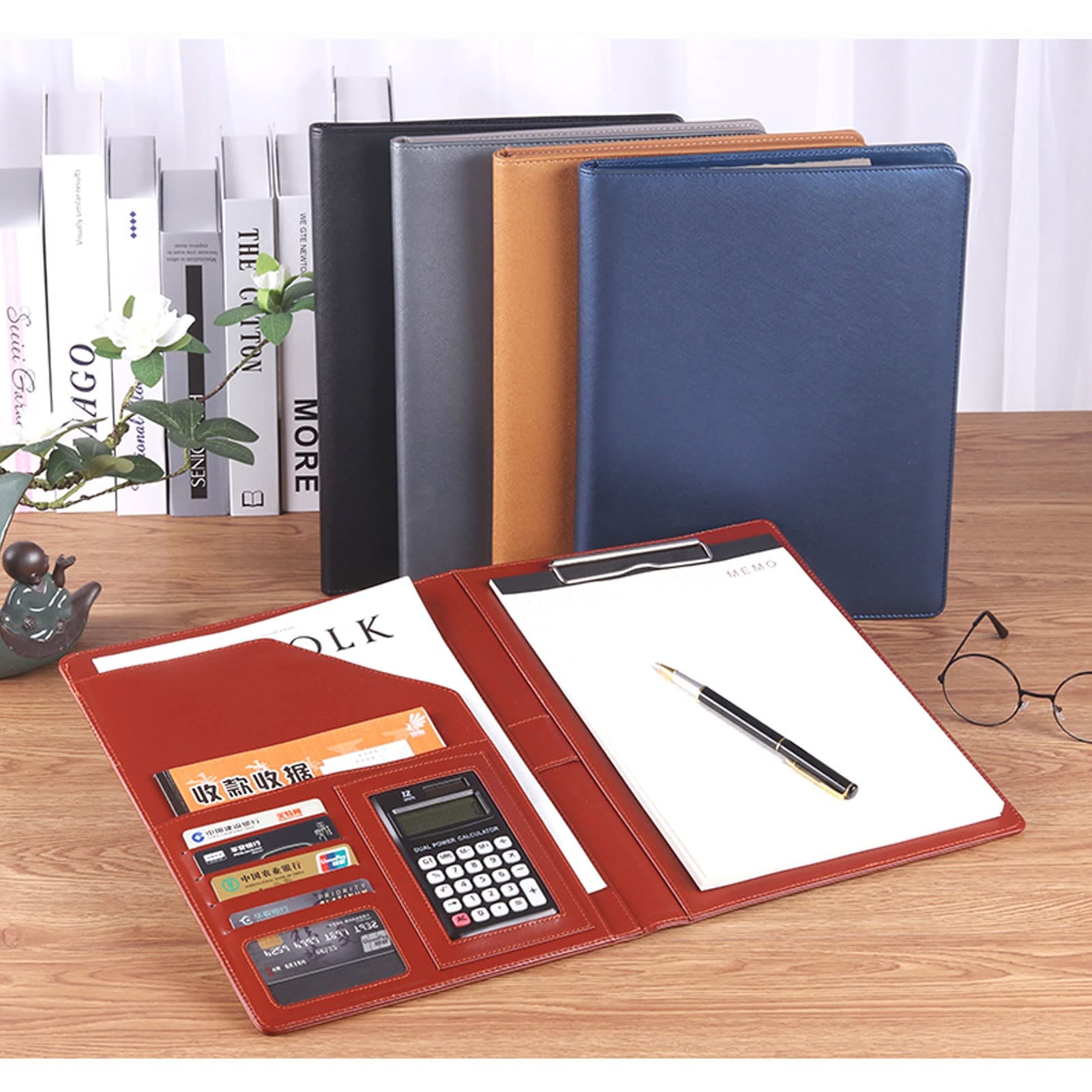 Teczka konferencyjna Organizer na dokumenty， Teczka A4 z schowkiem i miejscem do przechowywania, inteligentny organizer na dokumenty w formacie A4(Blu,12digit calculator)