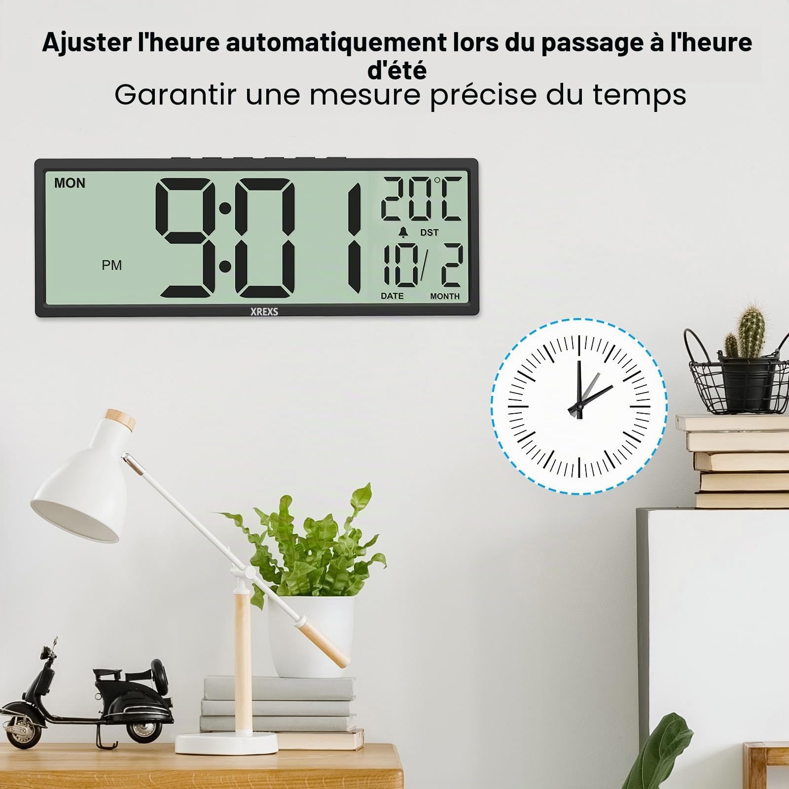 XREXS Horloge Murale Numérique 14,5 Pouces Heure Calendrier Température DST Piles Noir