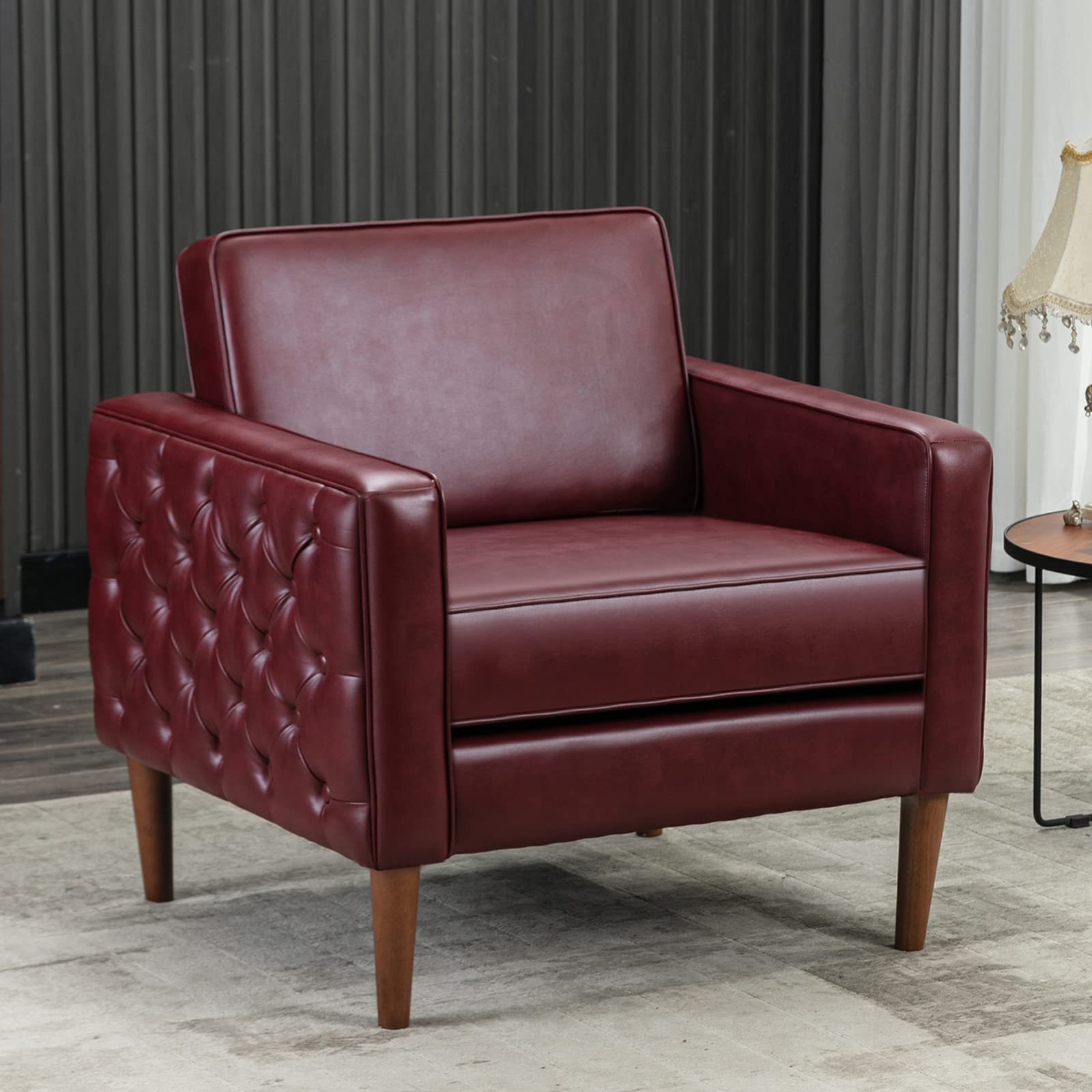 BFZ Modern Button Tufted Armchair with Wood Legs, PU Faux Leather Accent Chair, Comfy Upholstered Single Sofa Lounge Chair Club Chair for Reading, Living Room, Bedroom