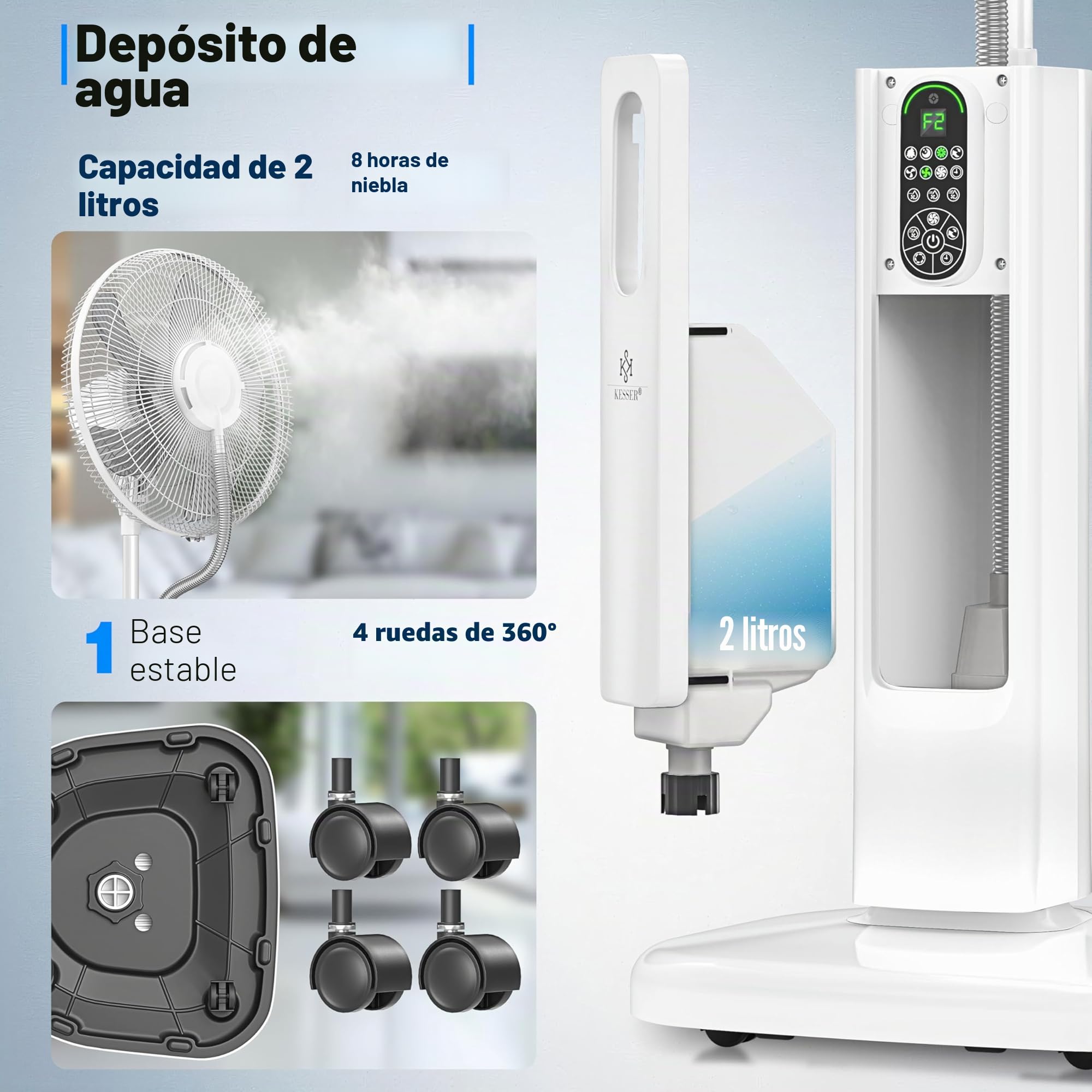 KESSER® Ventilador de pie Frosty con nebulizador de agua ultrasónico, refrigeración por agua, con mando a distancia y función de temporizador, humidificador silencioso, función de niebla, blanco