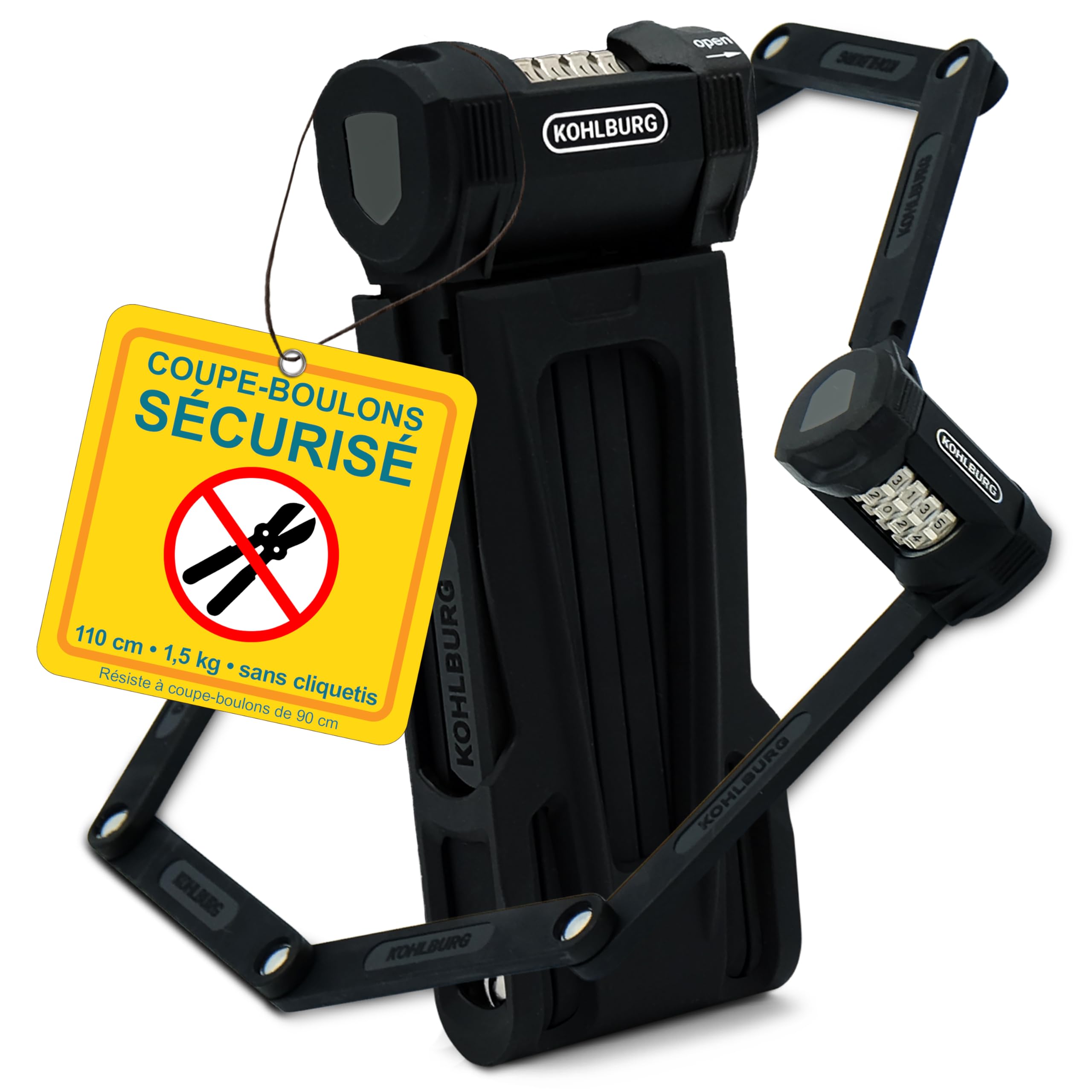 KOHLBURG Antivol Pliant vélo 110 cm à code chiffré de haute sécurité | Antivol à code pour vélo avec support – résistant aux coupe‑boulons – serrure & antivol pour vélo électrique