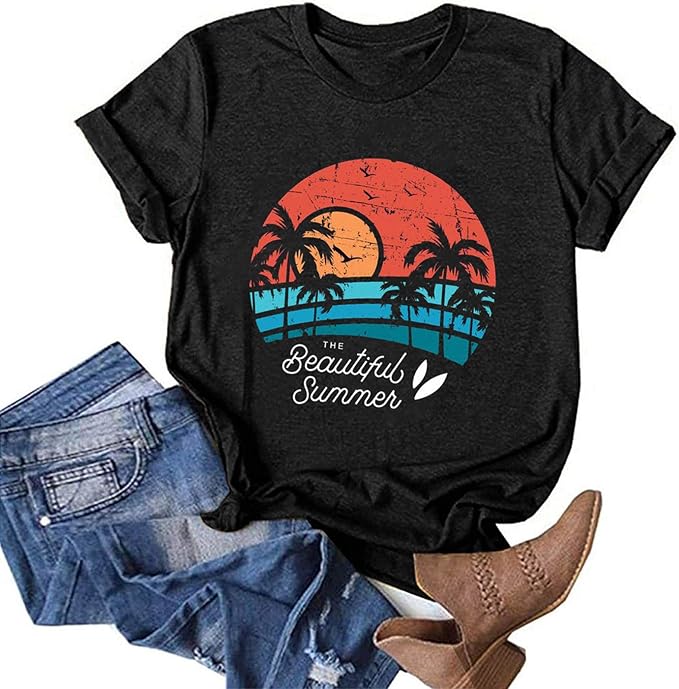 Amazon Co Jp レディース ビッグシルエット レトロ Tシャツ 半袖 ゆったり 綿 カットソー ファッション ビックtシャツ Bf風 夏 日没 プリント カリフォルニア 欧米風 カジュアル おしゃれ トップス Vintage風 通学 普段着 日常 旅行 海辺 S D ファッション