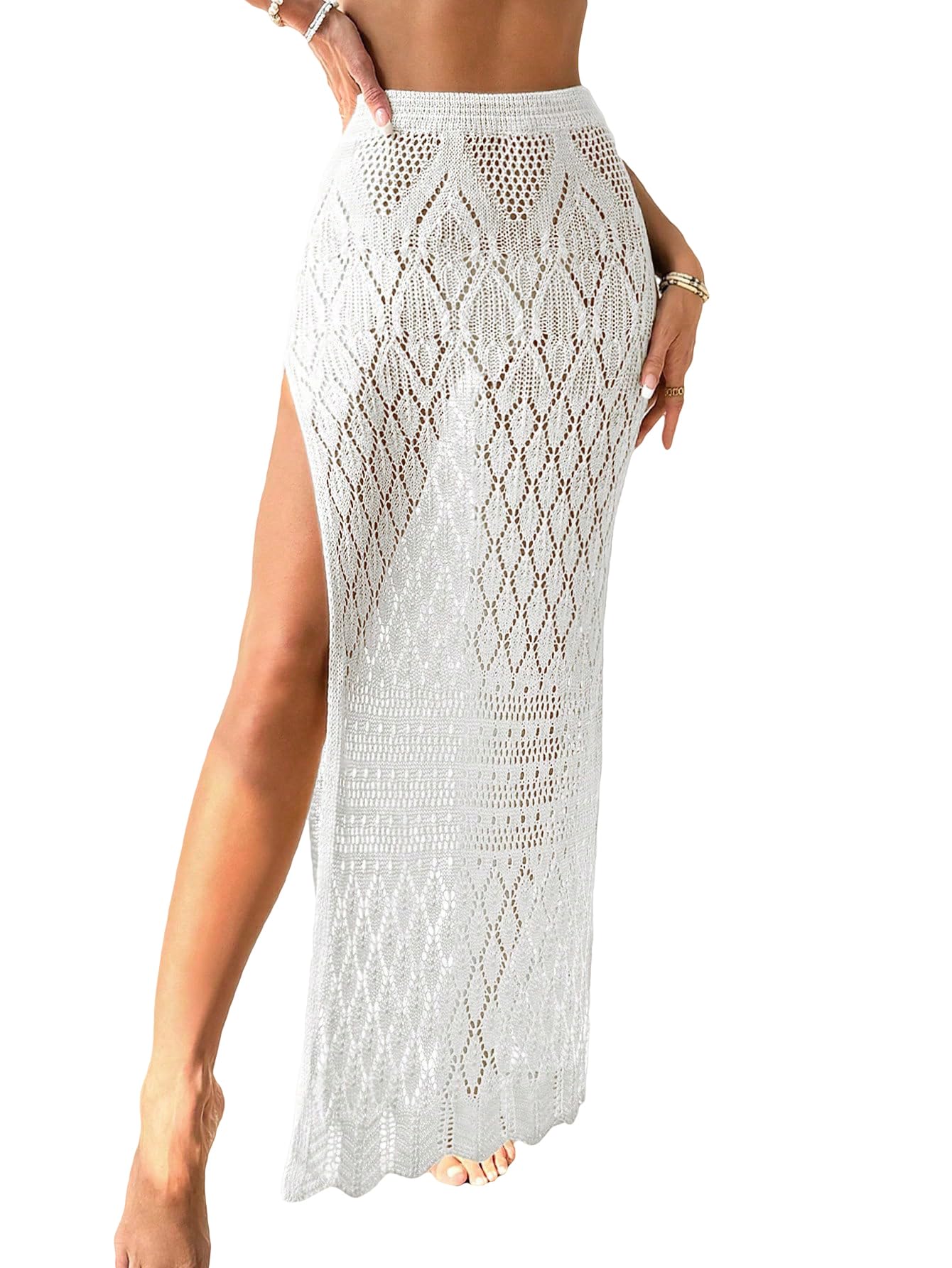 SHENHE Women's Crochet Swim Cover Up High Slit Sheer Long Beach Skirt Cover Up