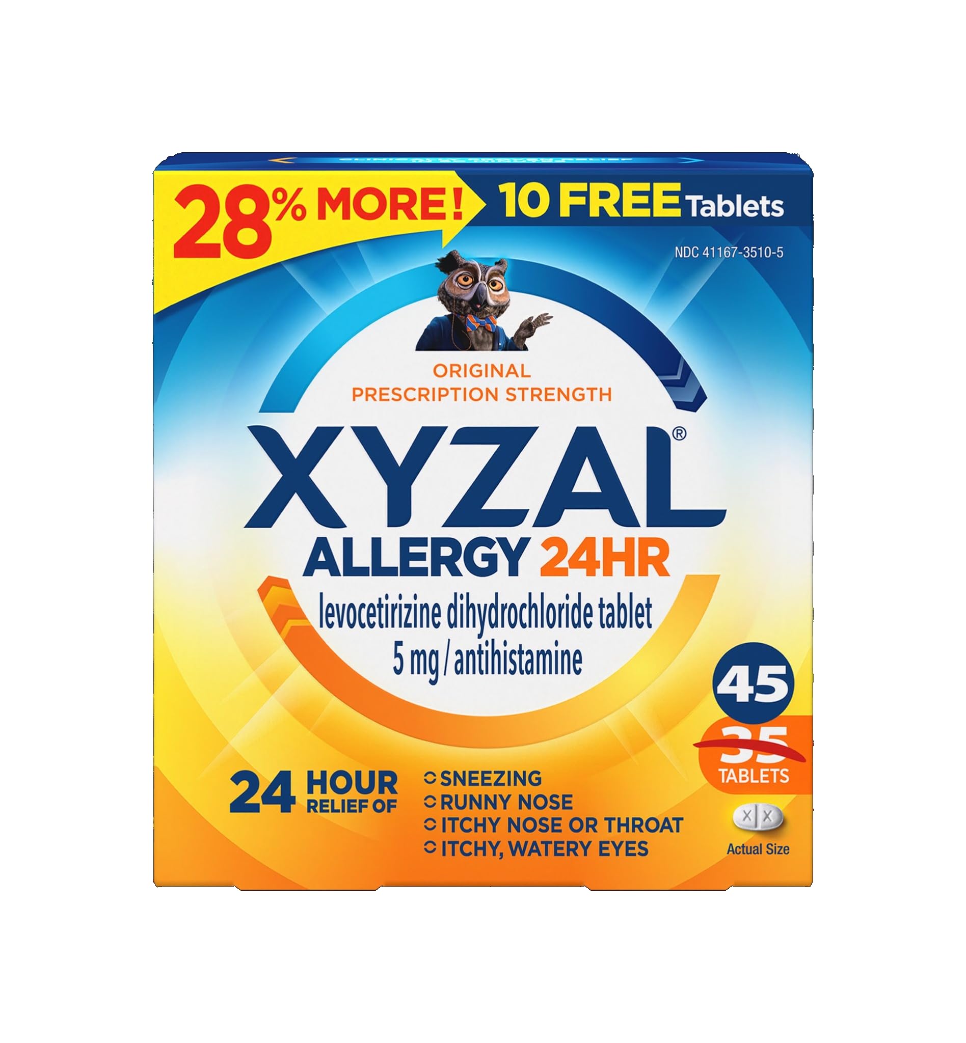 Xyzal 24 Hour Allergy Relief Medicine, Original Prescription Strength Antihistamine, Levocetirizine Dihydrochloride Tablets 5 mg, 45 Count
