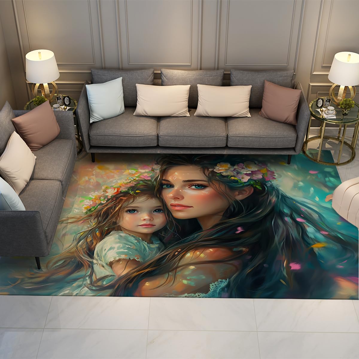 Tapis de salon 160x230 cm à poils bas lavables avec motif peinture à l'huile