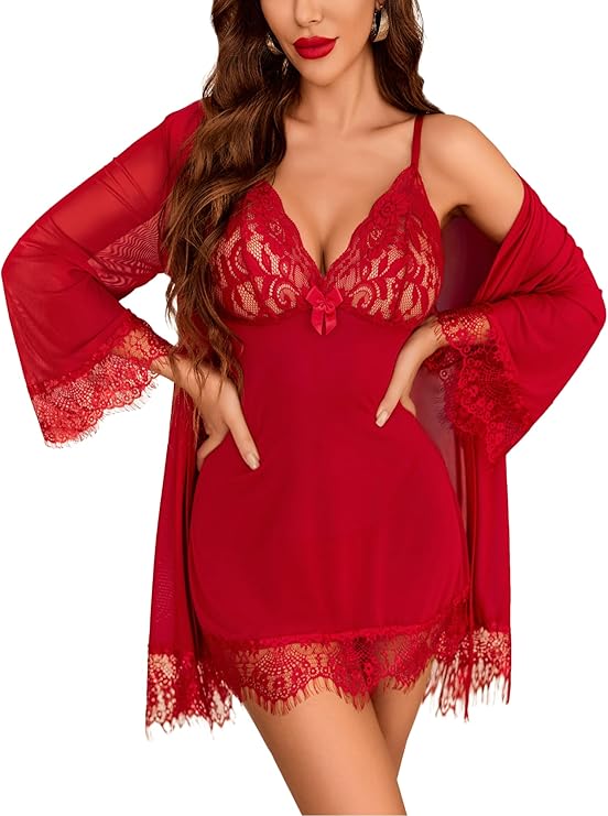 Ensemble Déshabillé Kimono Nuisette Dentelles Lingerie Sexy 3 Pièces Femme rouge