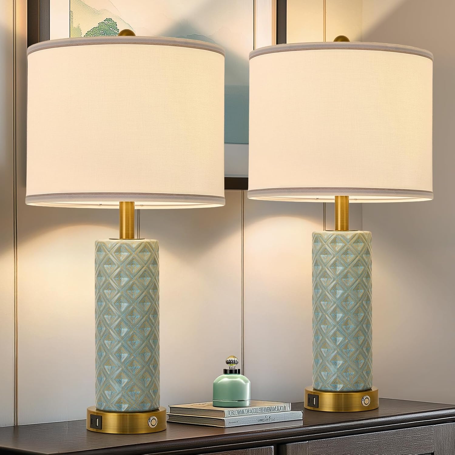 3-Way Dimmable Table Lamp Set of 2,Touch Control Lamp with Night Light,Modern Crystal Table Lamps for Bedroom,Living Room，Bedside Lamps with USB A+C Ports，Fabric Lampshade(Blubs Included)