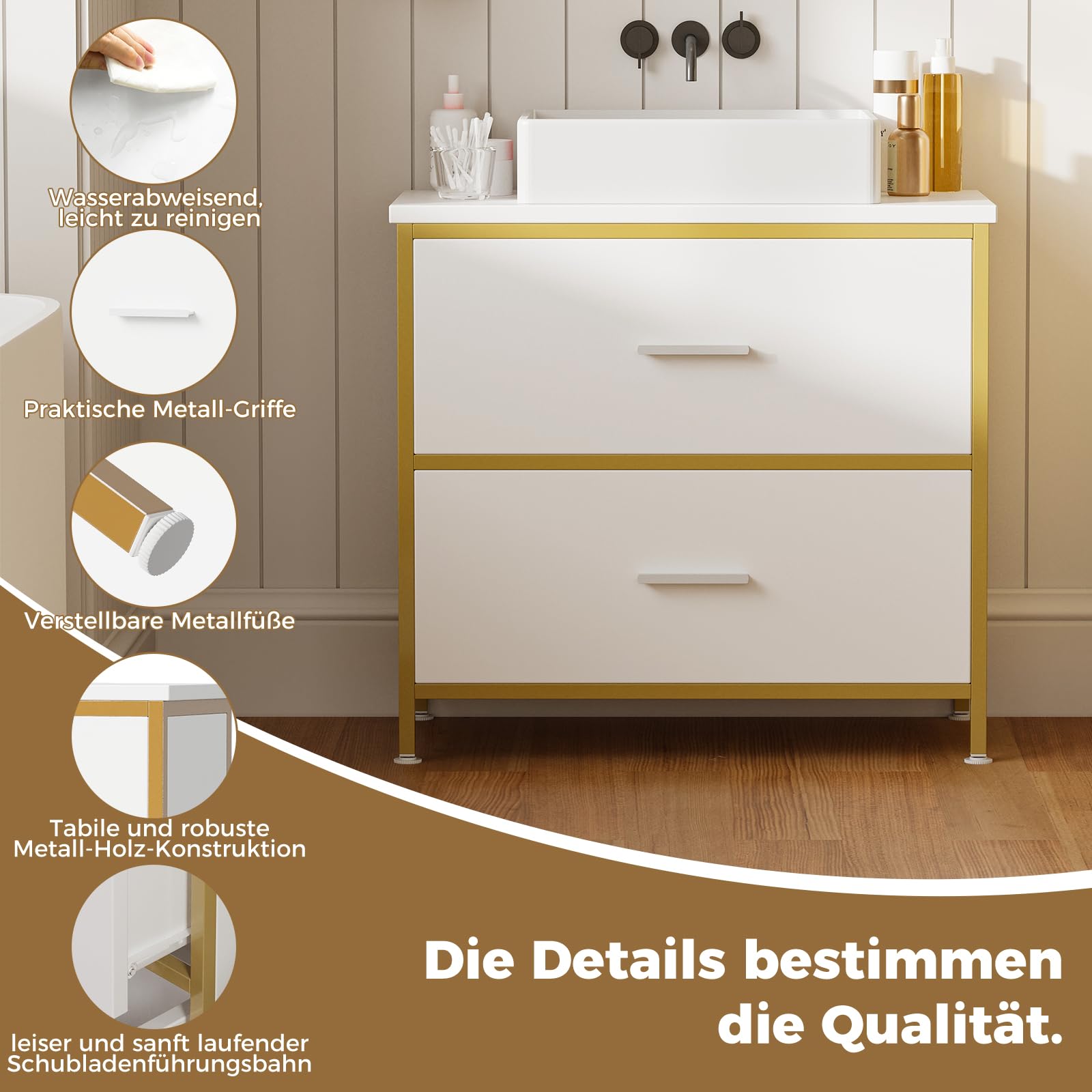 ELUCHANG Ensemble Meuble Salle de Bain 2 pièces,Armoire Murale Salle de Bain avec LED, Meuble sous lavabo avec 2 Tiroirs,étagères réglables, Style Industriel,Blanc+Doré