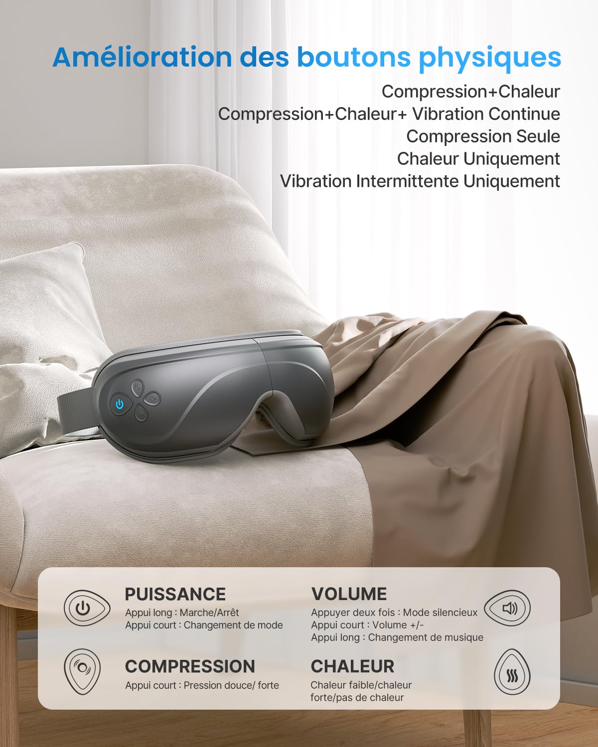 RENPHO Eyeris 2 - amélioré masseur oculaire avec chaleur, vibrations compressions, 5 modes, Masque de massage rechargeable pour les yeux secs, les poches sous les yeux, les cernes