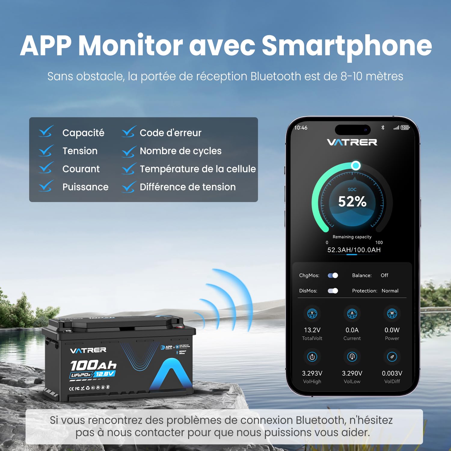 VATRER POWER 12V 100Ah H190 Bluetooth LiFePO4 Batteria con Altezza 188mm, 1280Wh, 5000+ cicli, Batteria al Litio con BMS 100A, Protezione dalle Basse Temperature, Ideale per Camper
