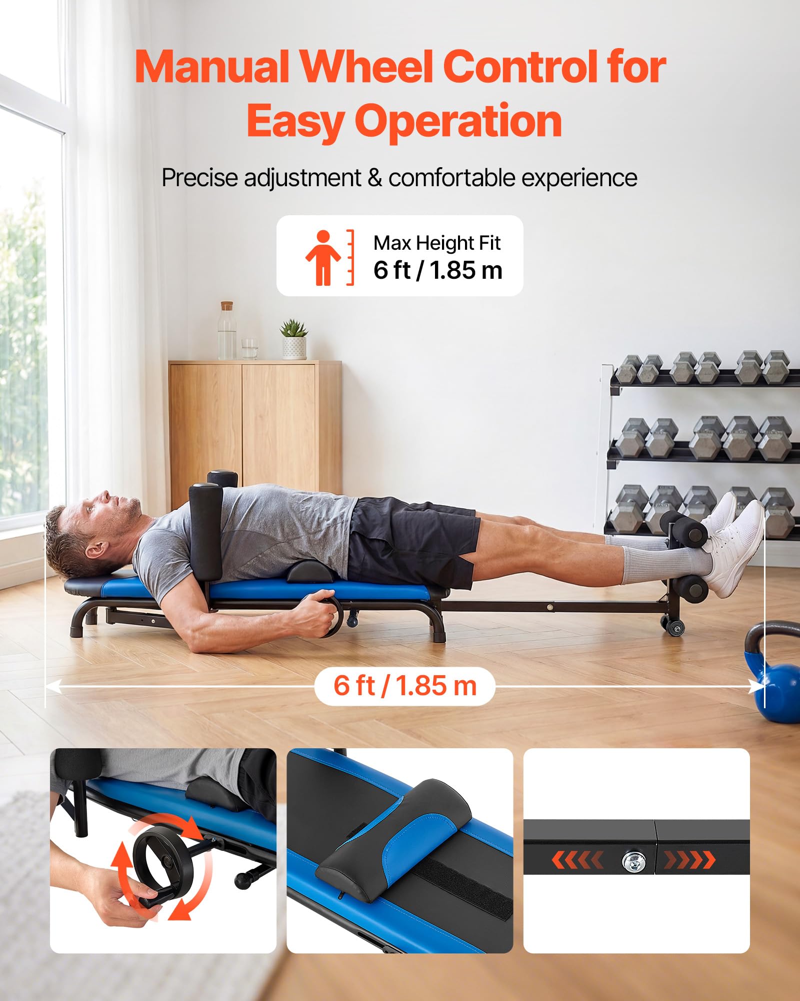 VEVOR Mesa de Tracción Lumbar Capacidad de 159 kg, Banco de Estiramiento de Espalda Estructura Estable, Reposabrazos Ajustables, Alta Resistencia, Tabla de Inversión para Hombros, Cuello, Espalda