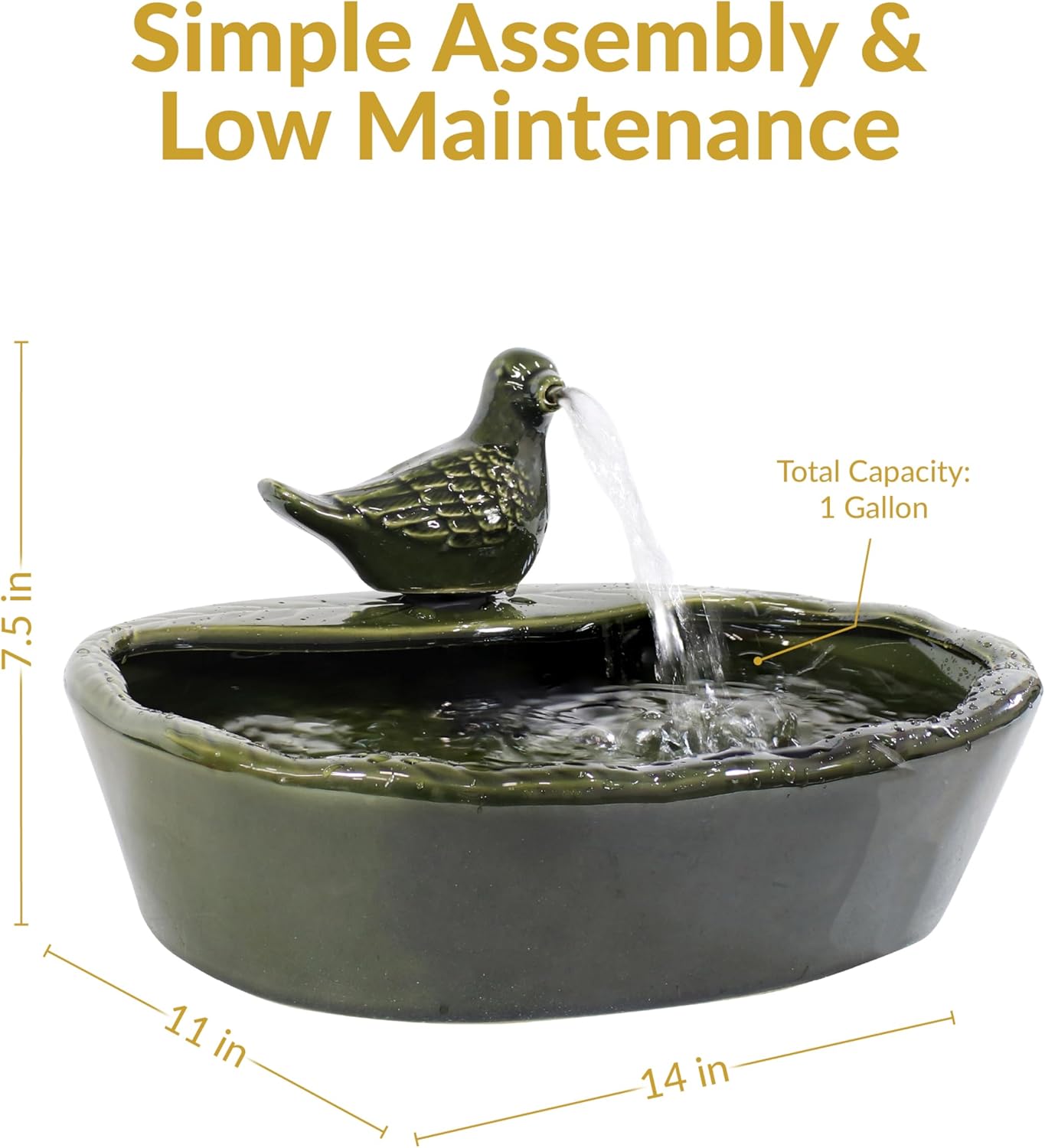 Sunnydaze Ceramic Solar-Powered Water Fountain - Green Glaze - Low-Voltage Submersible Pump with Filter - Dove
