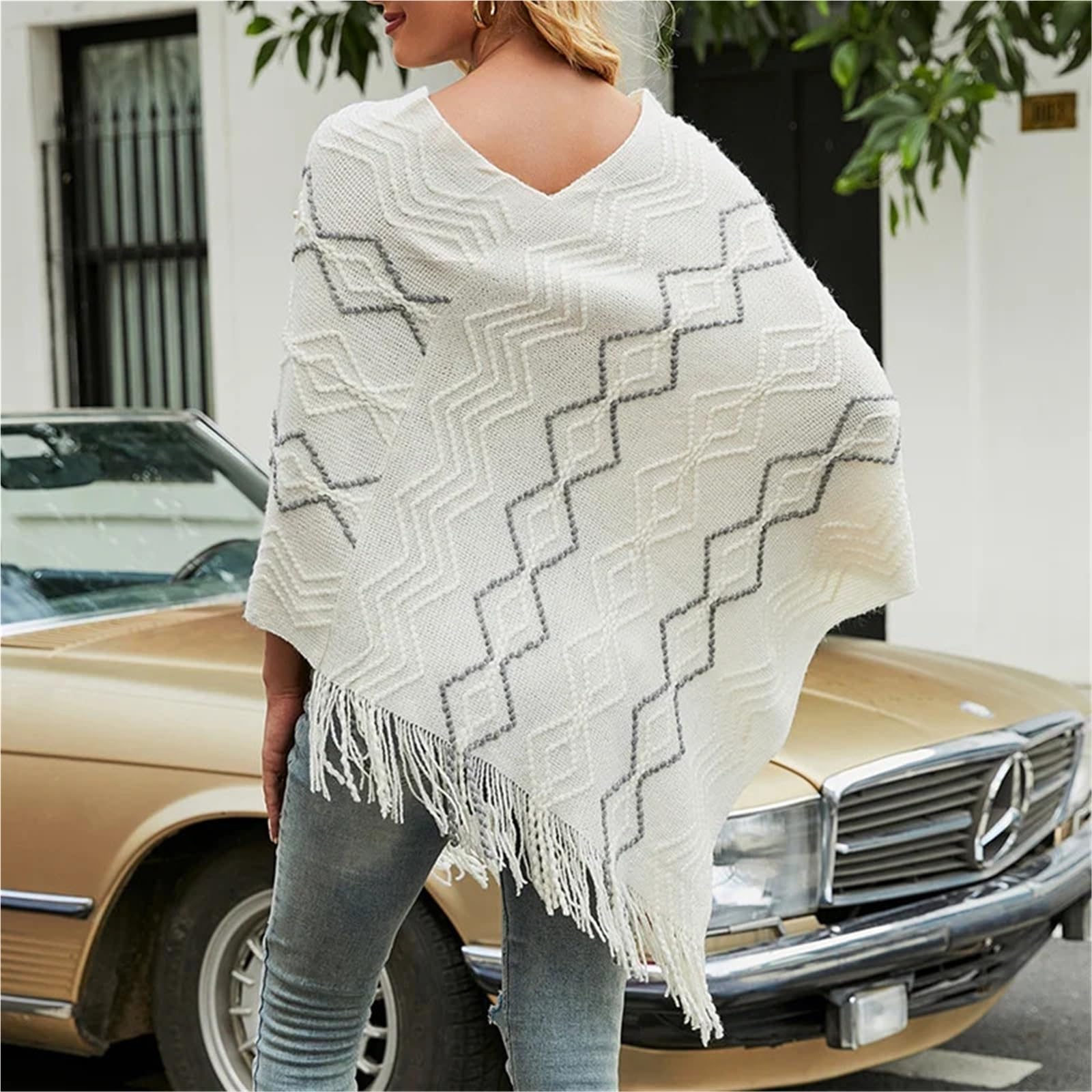 Maglione a mantello a righe ondulate da donna, con nappe, scialle, cappotto, perle, patchwork, pullover, poncho Per Invernali