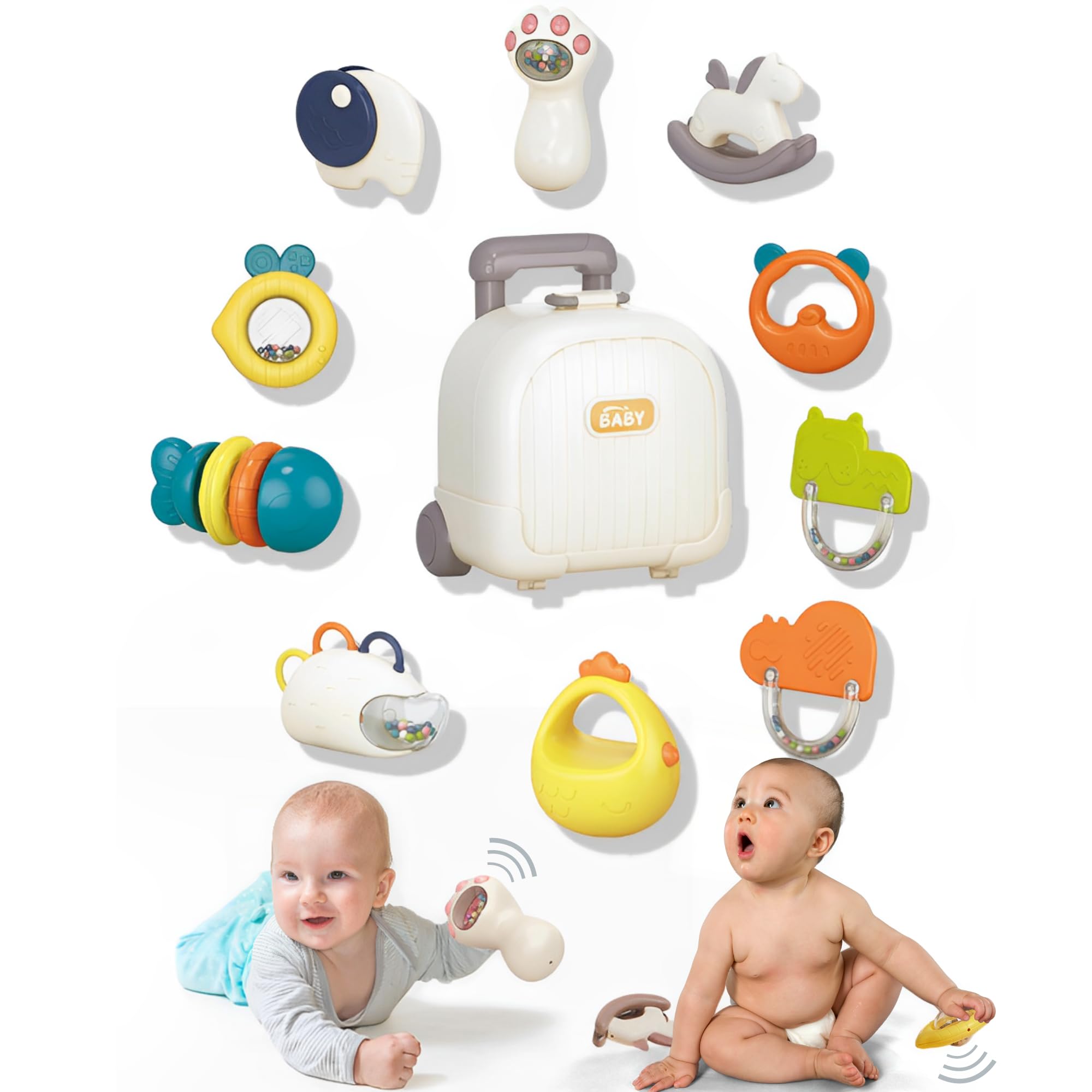 VivaPix Set Sonajeros y Mordedor - Juguetes Bebe 0 3 6 12 meses, Juguete Sensorial Montessori para la Dentición Recién Nacido 10 Piezas, Regalos Originales Bebes 0+ años Con Caja de Almacenaje