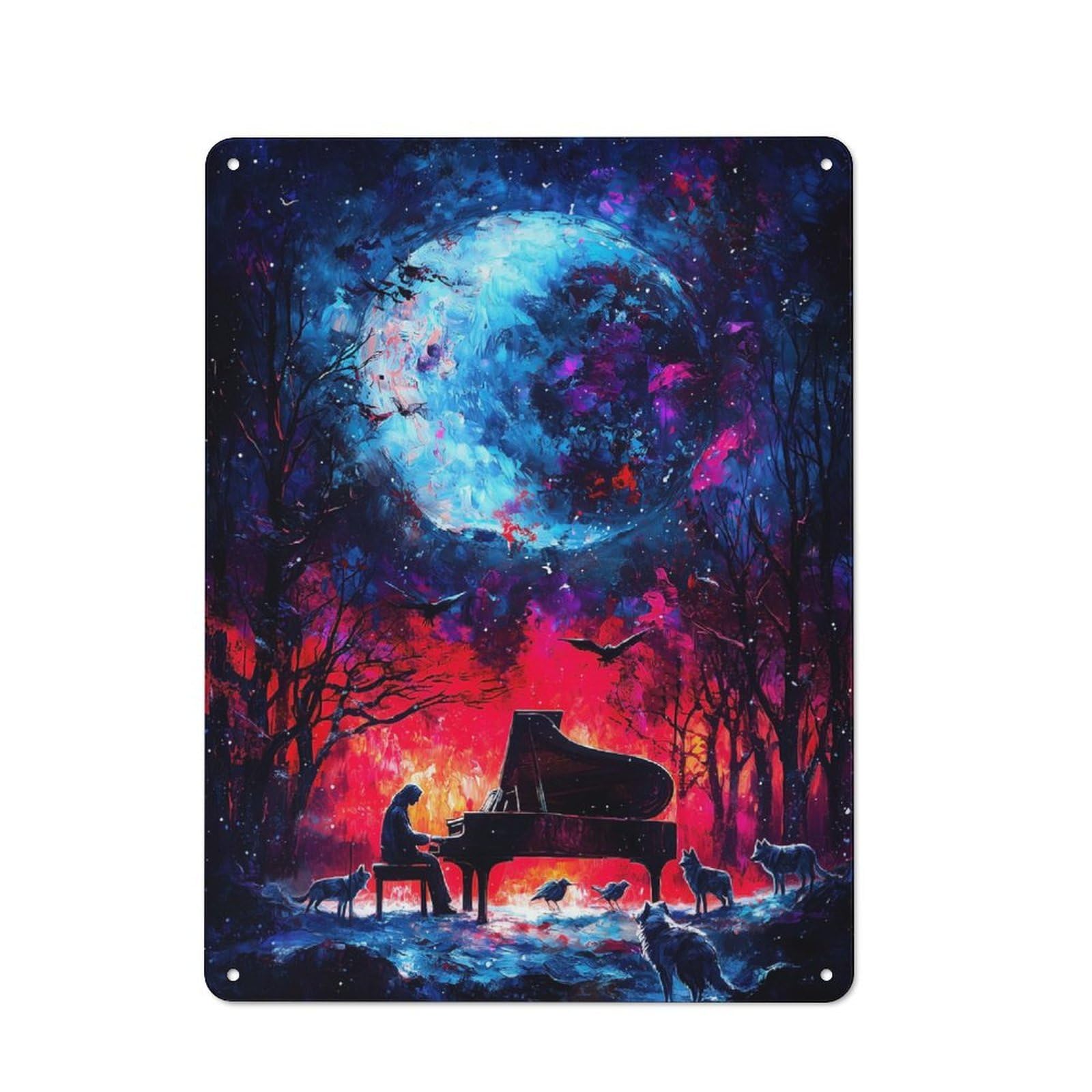 Junmoney Piano Under A Cosmic Moon For Hobby Room Or Studio, Retro Metal Sign 40X30cm, A Decorative Gift For A Newly Furnished Hobby Room And Studio