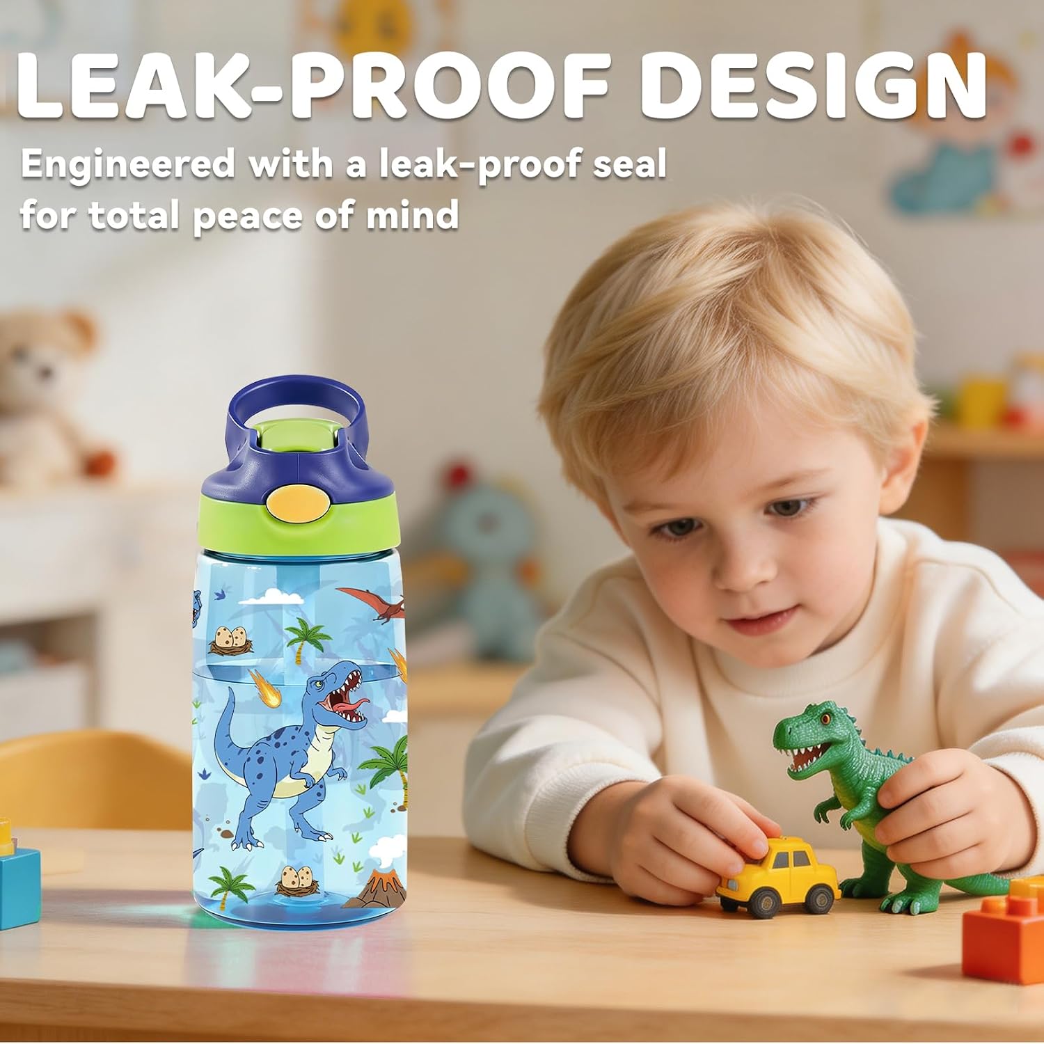Dinosaur 14oz Kids Water Bottle with Straw - Leakproof BPA-Free Plastic Pop-Up Spout, Reusable Leak Proof Travel Bottle for Outdoor Sports Dinosaur Gift Cup for Boys and Girls image 4
