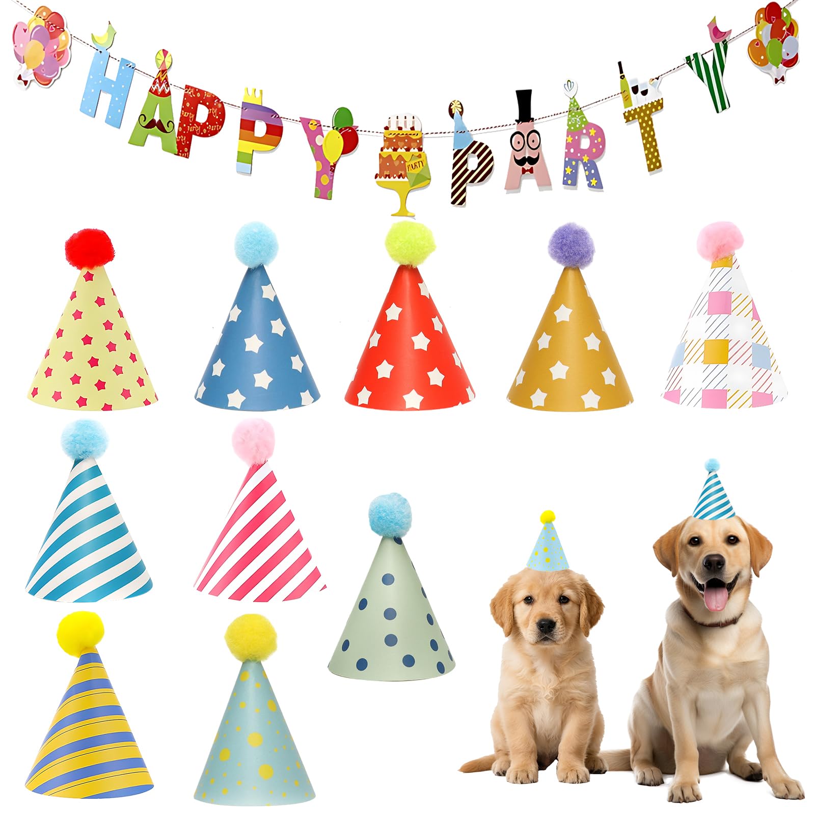 10PCS Mini Party Hats and Banner Set,Cute Dog Birthday Party Hats with Pom Poms,Colorful Cones Hat,for Stuffed Animals Toys,Small Pets,Dog,Cat,Rabbit