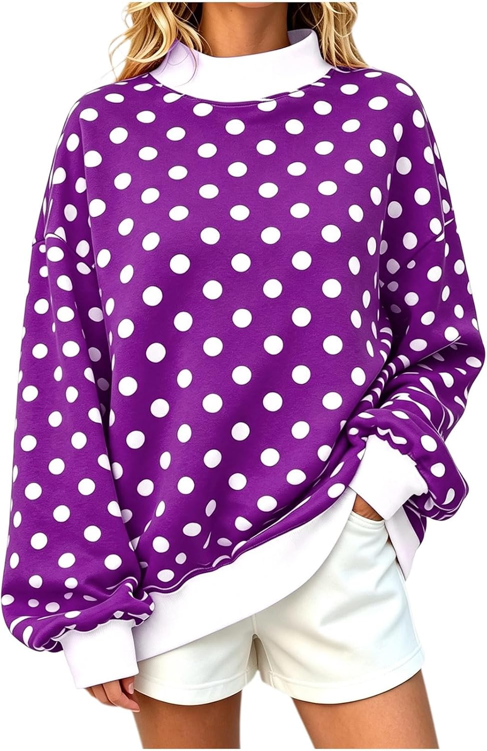 Women's Polka Dot Mock Neck Pullover Lantern Sleeve Loose Fit Tops