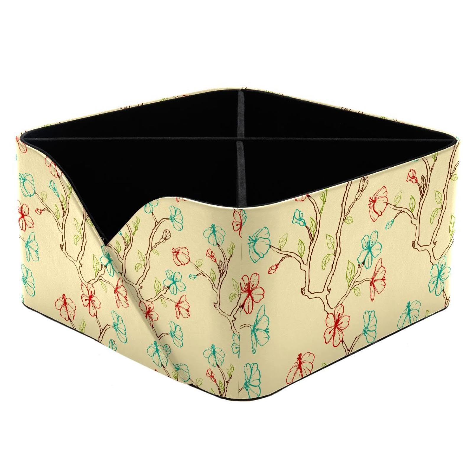 KengjuTesu Japanese Style Floral Cherry Tree Desktop Organizer Pen Holder, Rectangular Pencil Cup for Office, Study and Makeup Stations