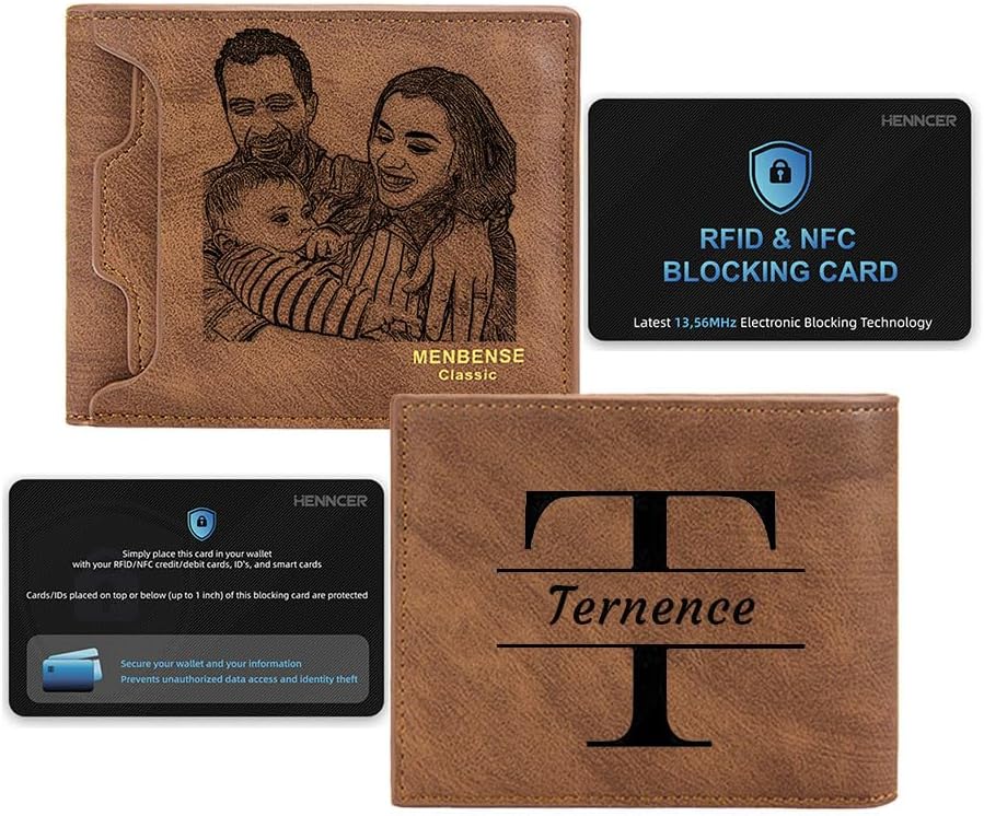 Personalized Mens Bifold Wallets Leather Front Pocket, Custom Engraved Leather Photo Wallet,from Father to Son Wallet,Husband Anniversary Wallet from Wife,with Engraved Wallet Card (Style 1)